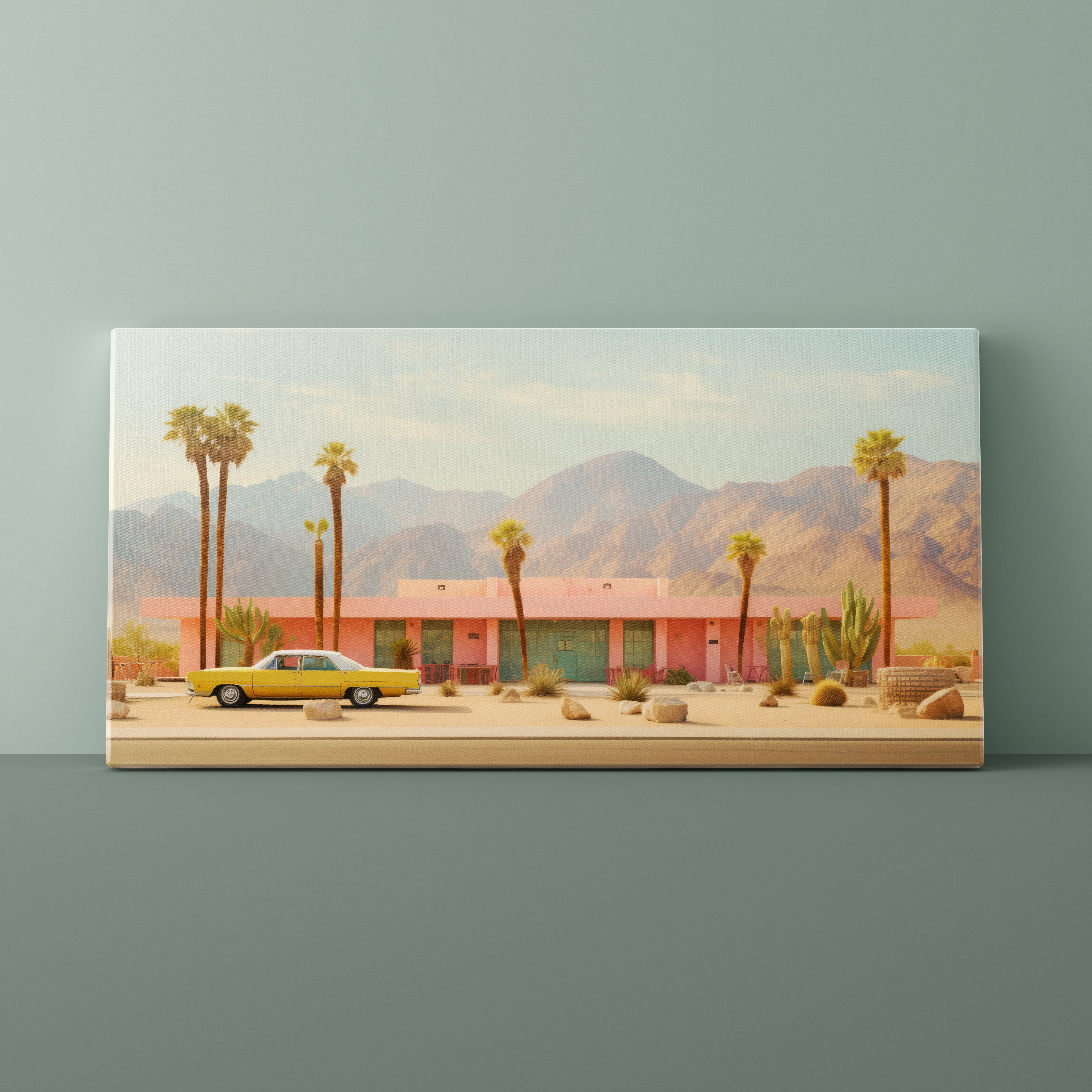 Canvas print of a retro scene with a pink building, palm trees, and a yellow car on a gray wall.