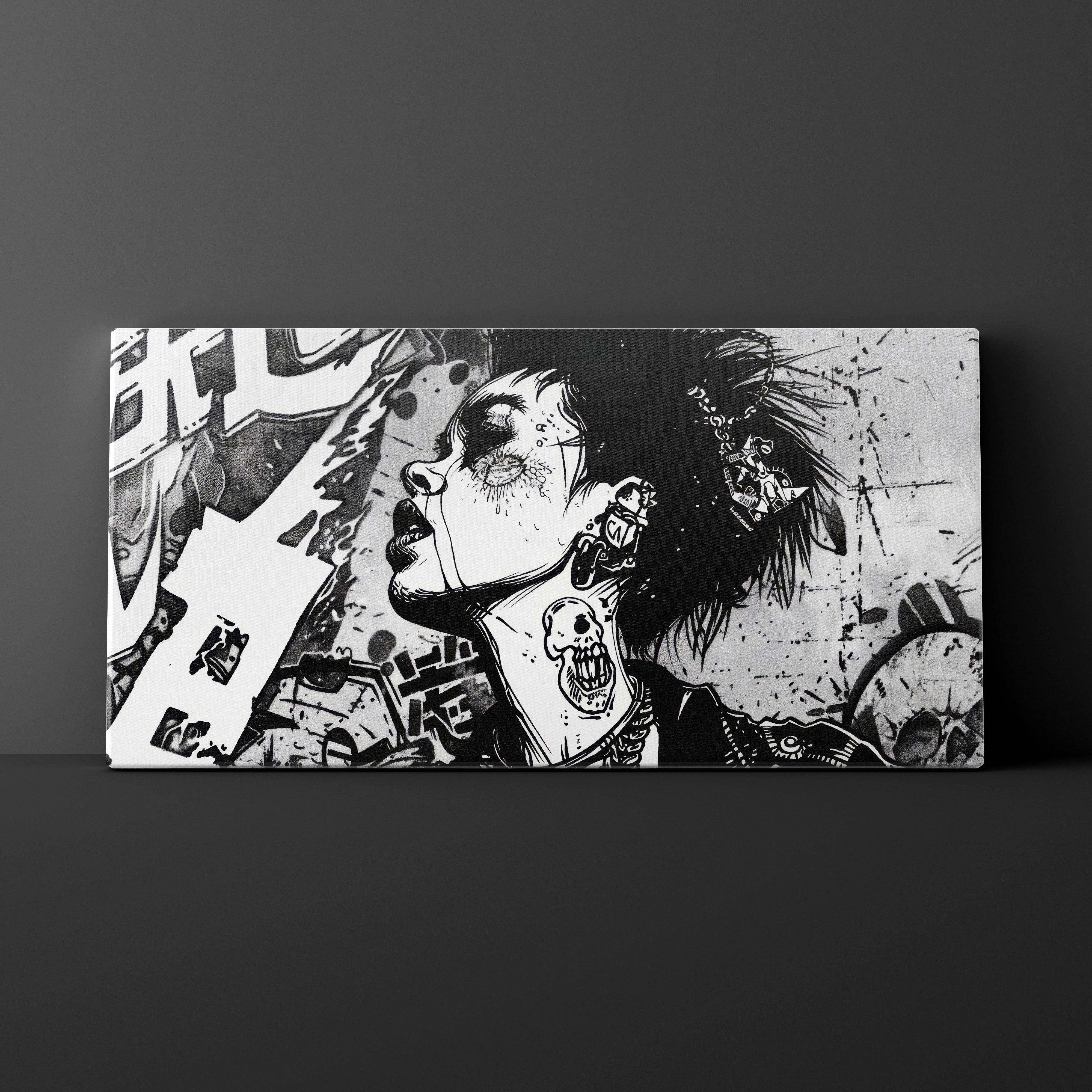 Black and white artwork of a stylized character with feathers on a dark background