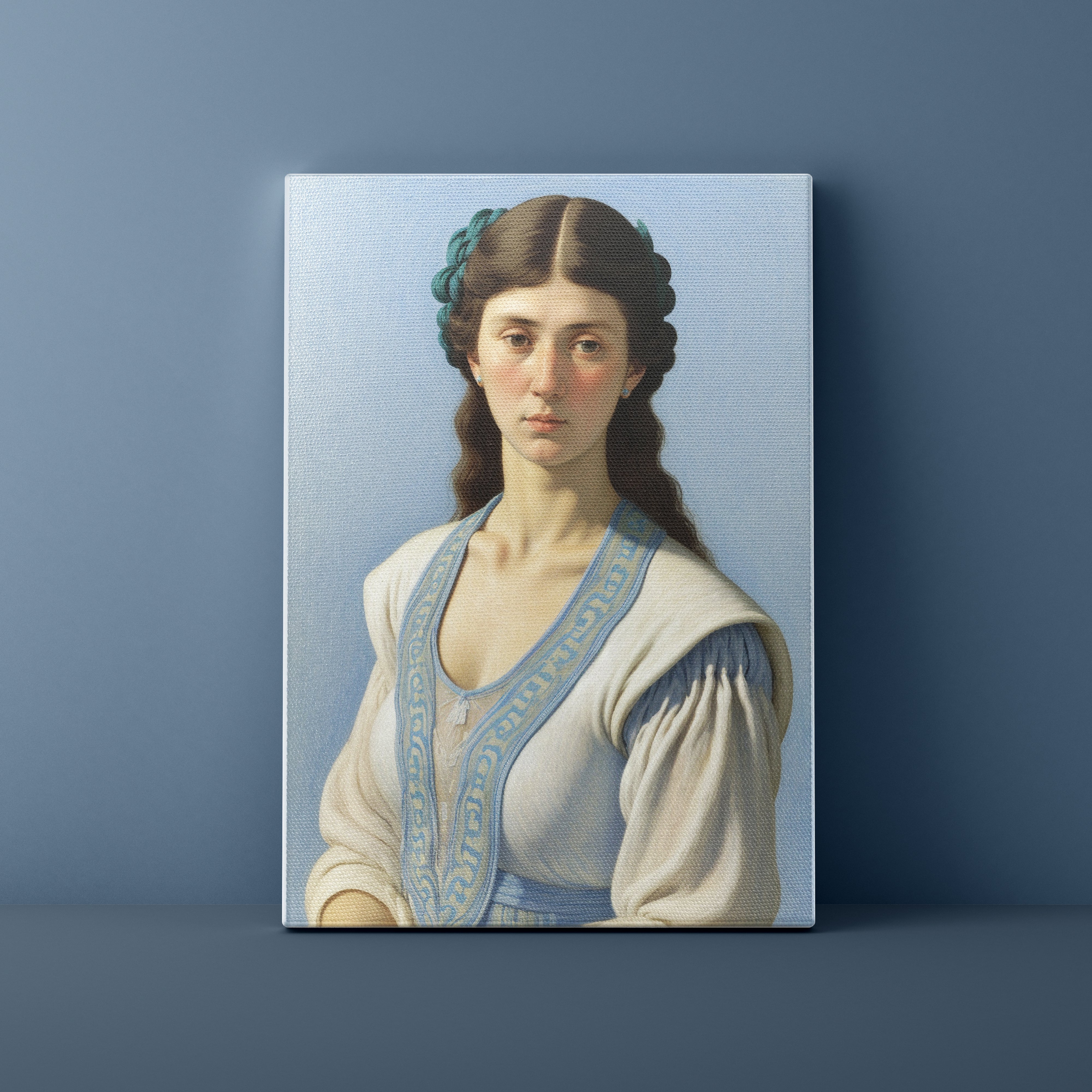 Canvas print of a classical painting of a woman against a blue background