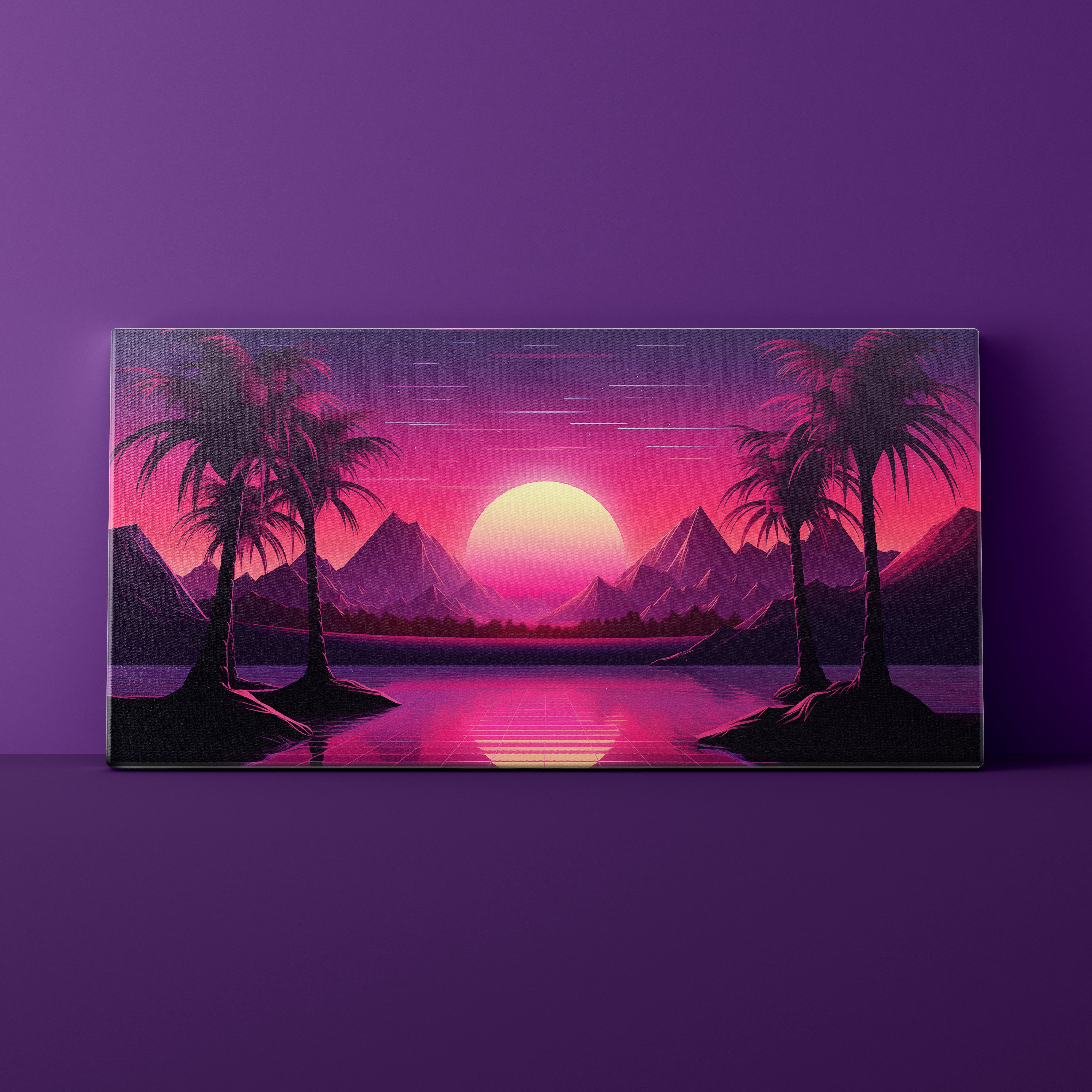 Surreal landscape with palm trees, mountains, and a pink sun on a purple background