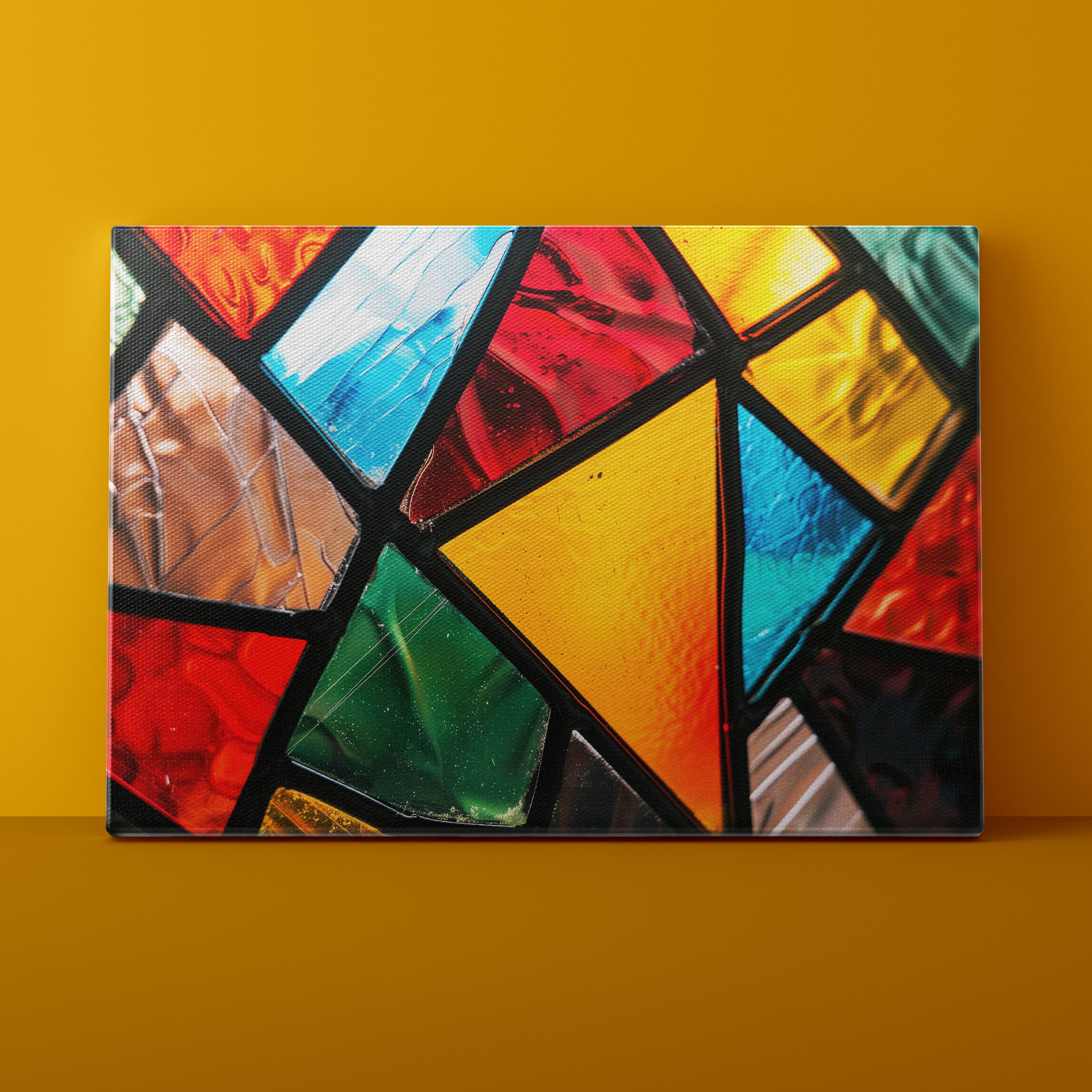Abstract multicolored artwork on a yellow wall