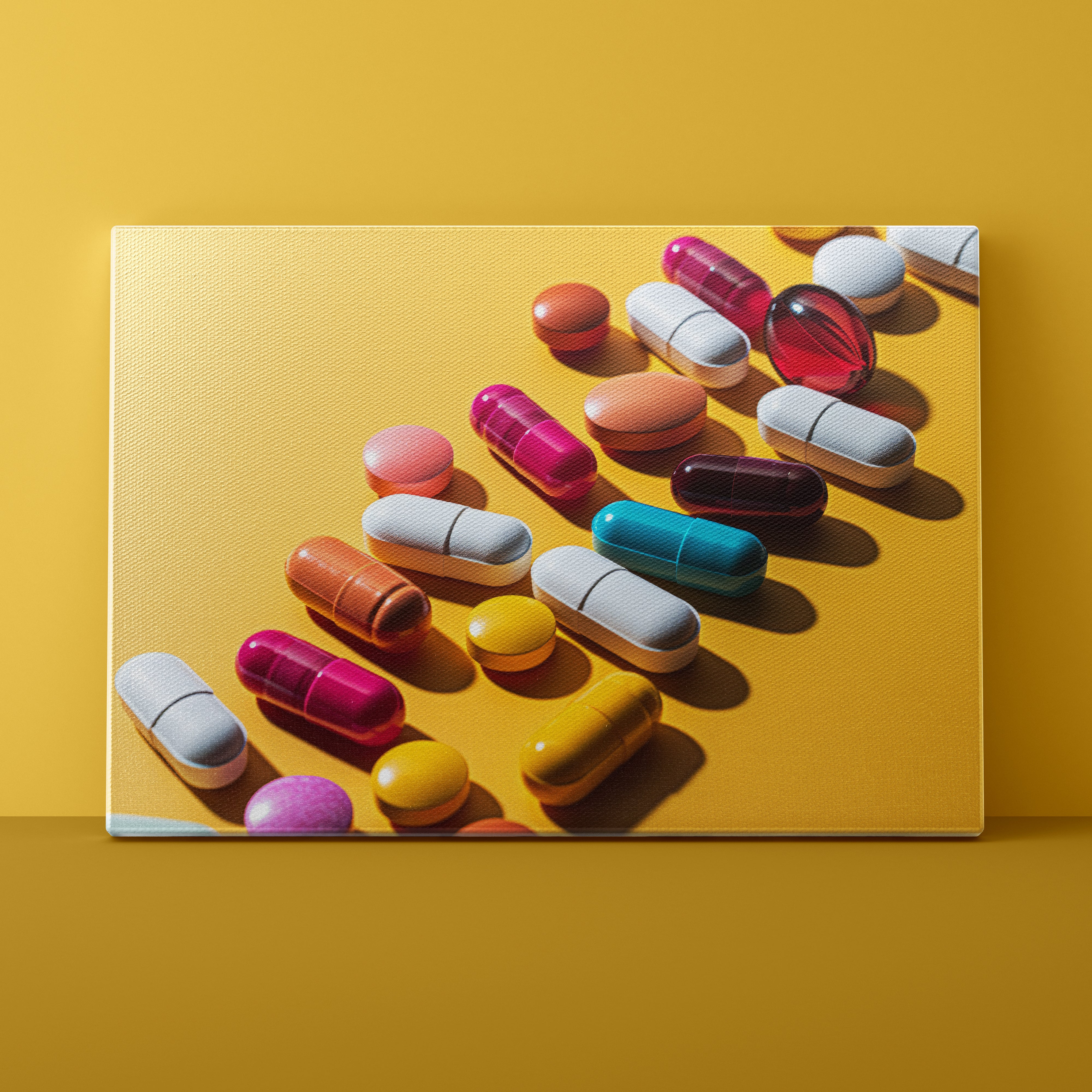 Colorful assortment of pills on a yellow background