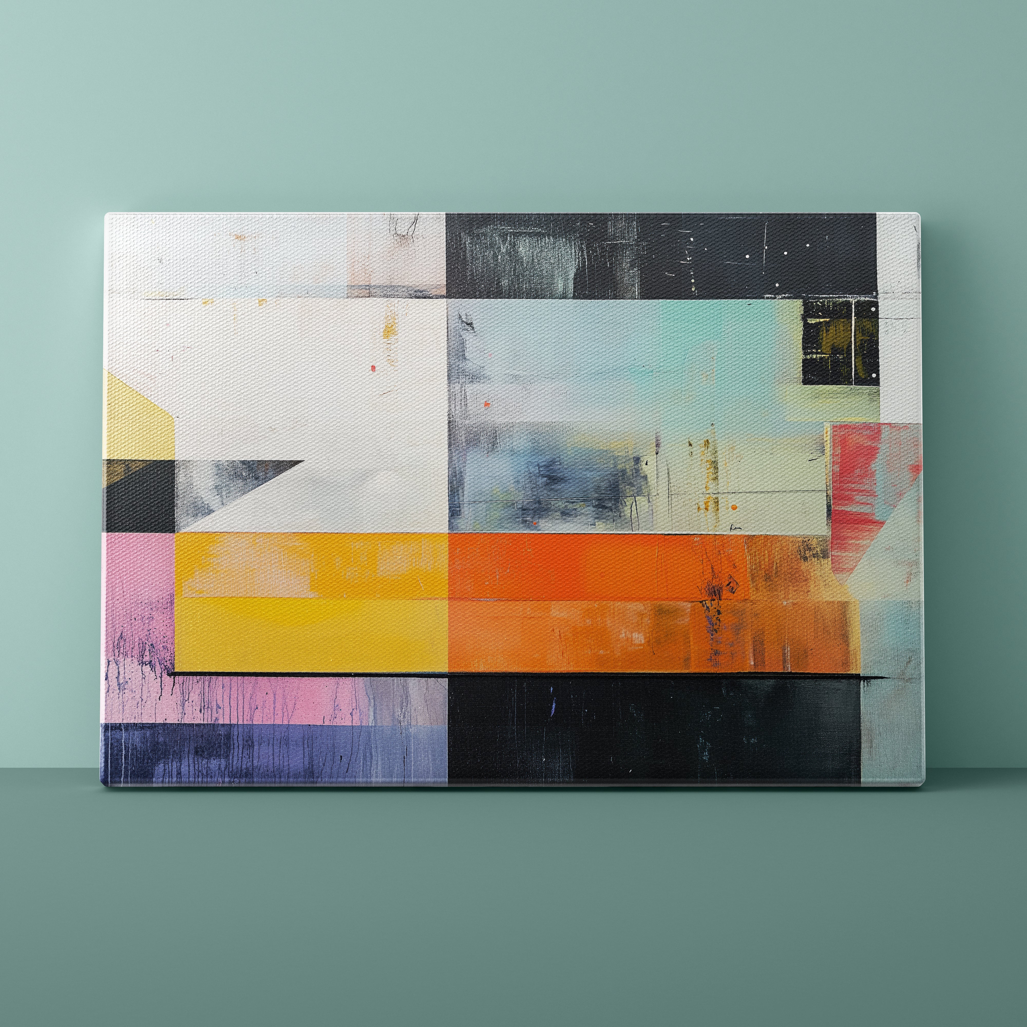 Abstract art piece with geometric shapes on a teal wall