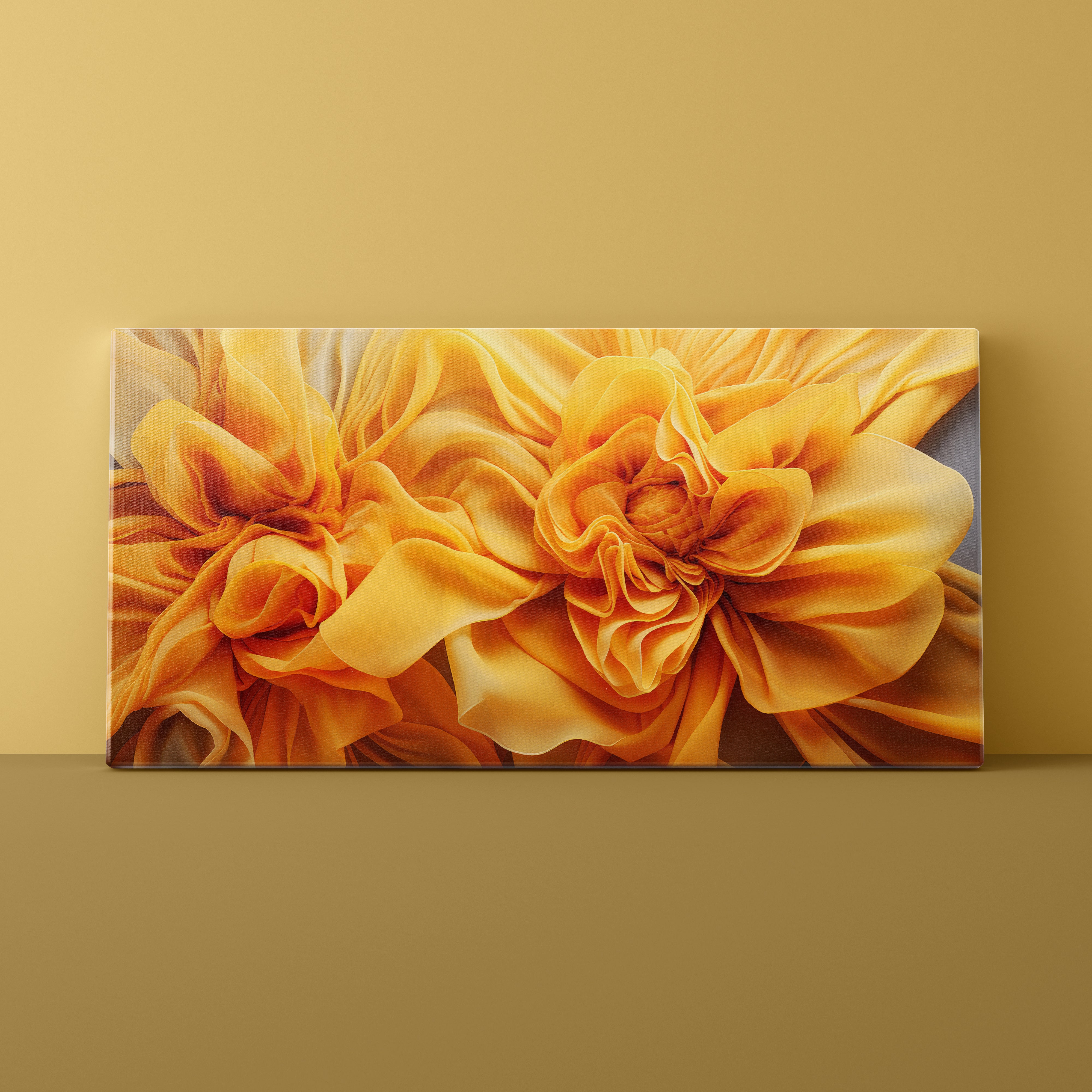 Canvas print of a large yellow flower on a beige wall.