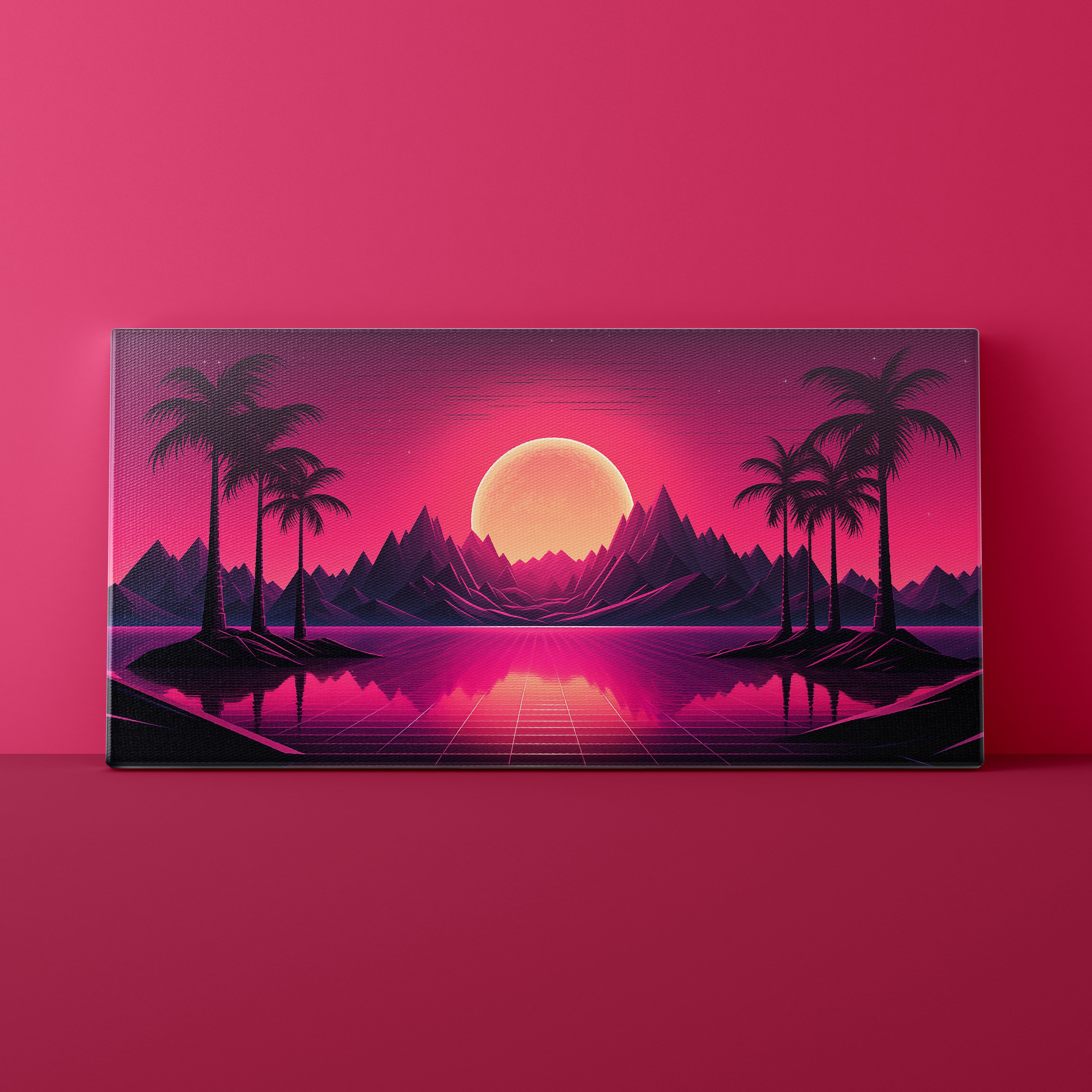Futuristic landscape with palm trees, mountains, and a glowing sun on a pink background