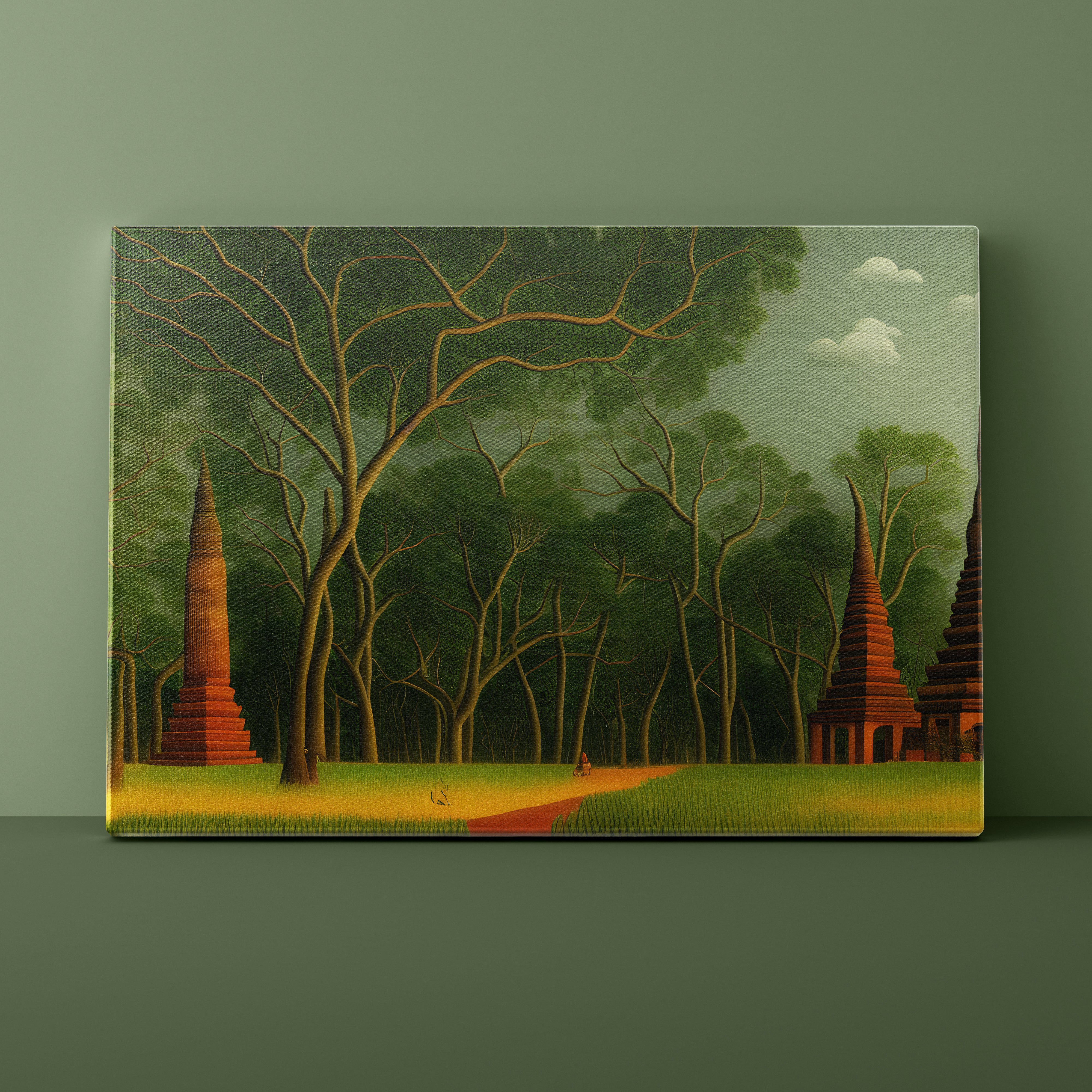 Surreal landscape with trees and pagoda-like structures in a forest setting