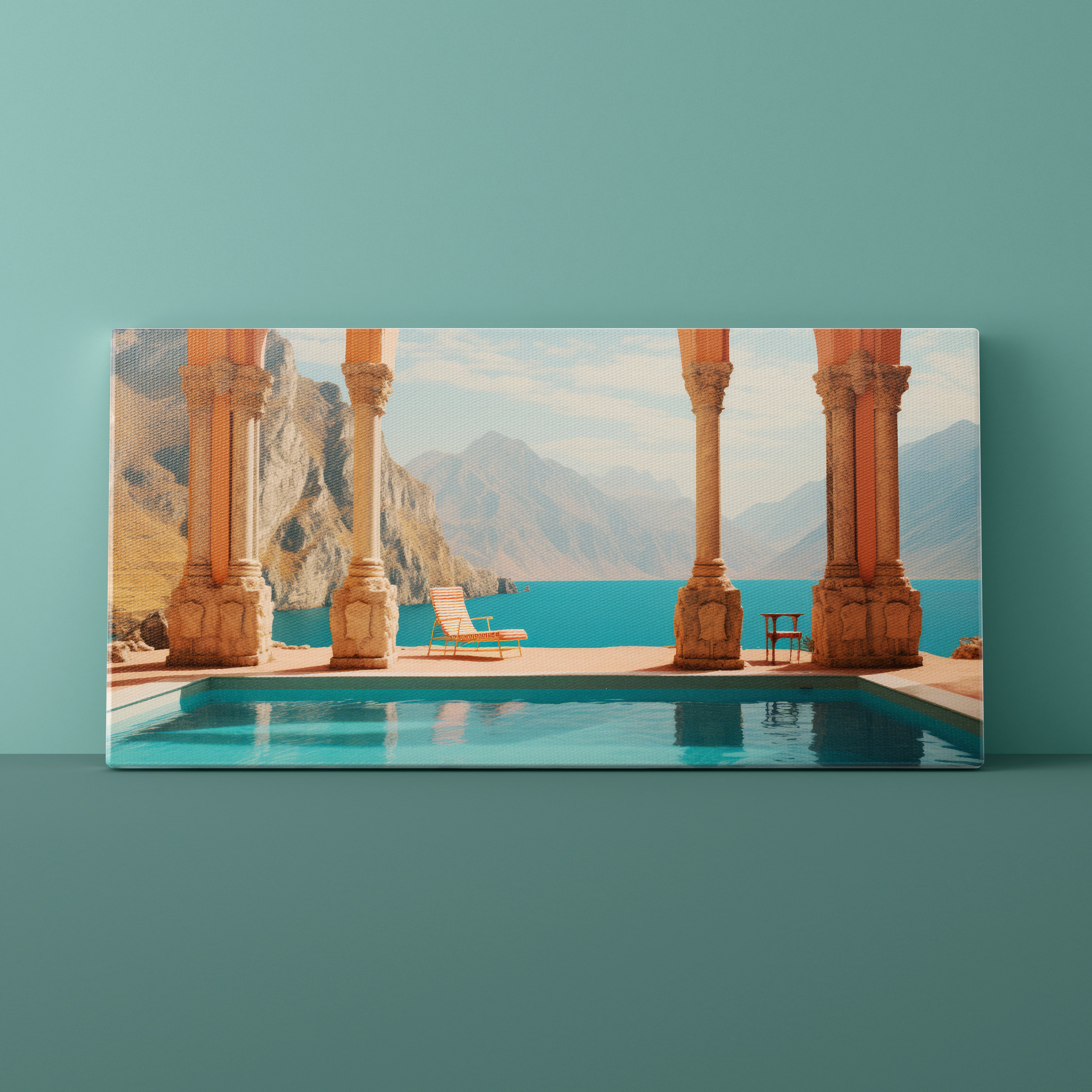 Canvas print of a pool scene with columns and mountains on a teal wall.