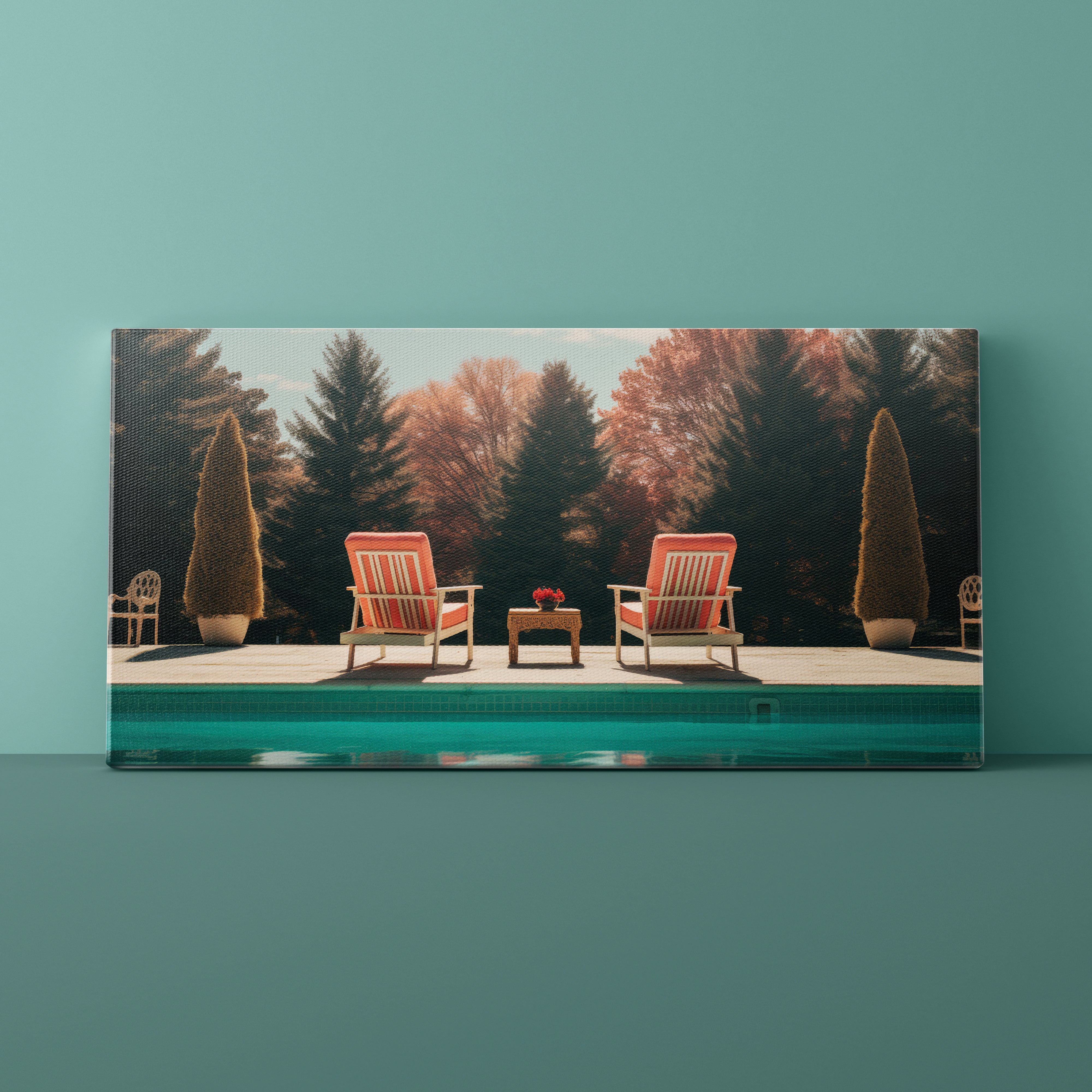 Two red chairs by a pool with trees in the background on a teal wall.
