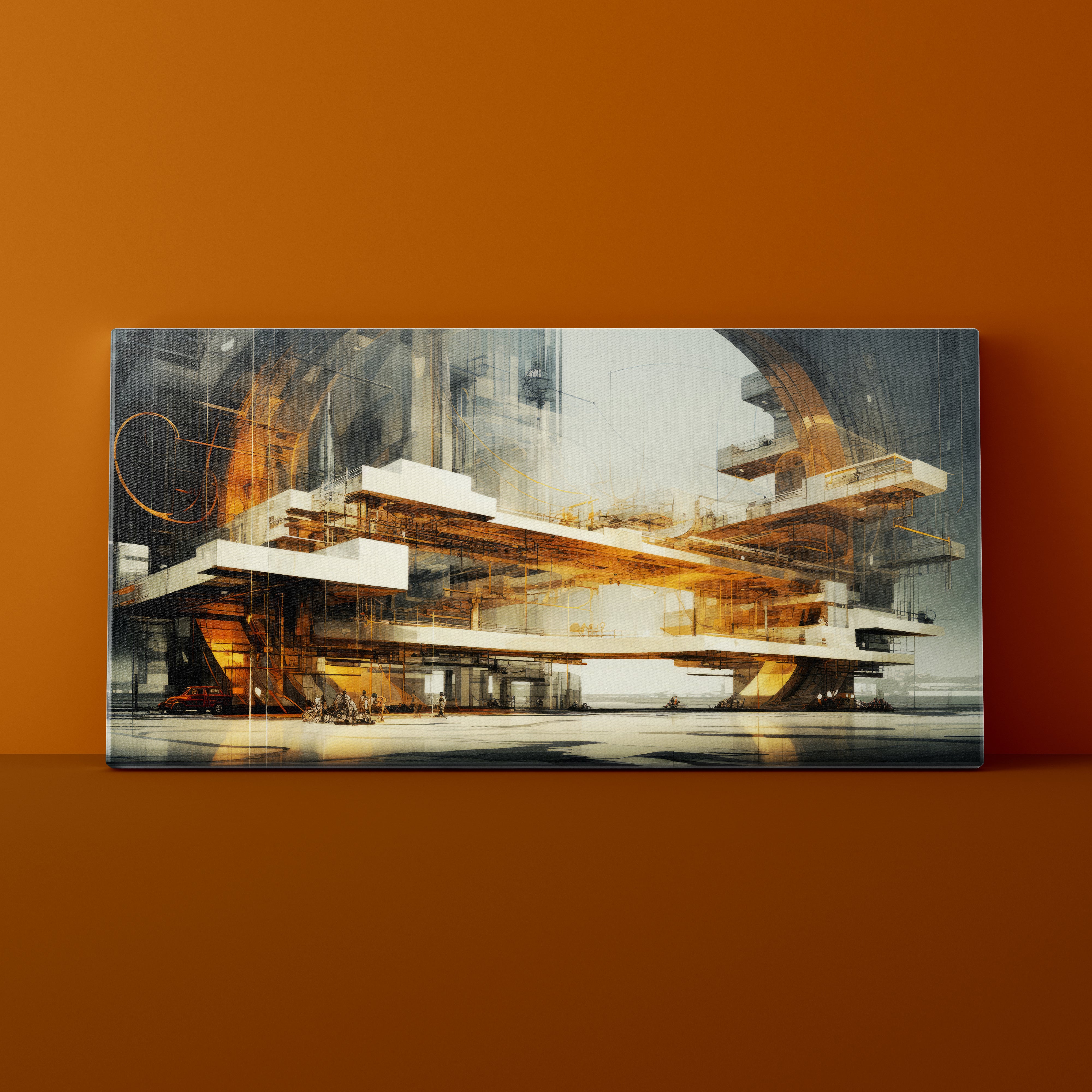 Abstract architectural artwork on an orange wall