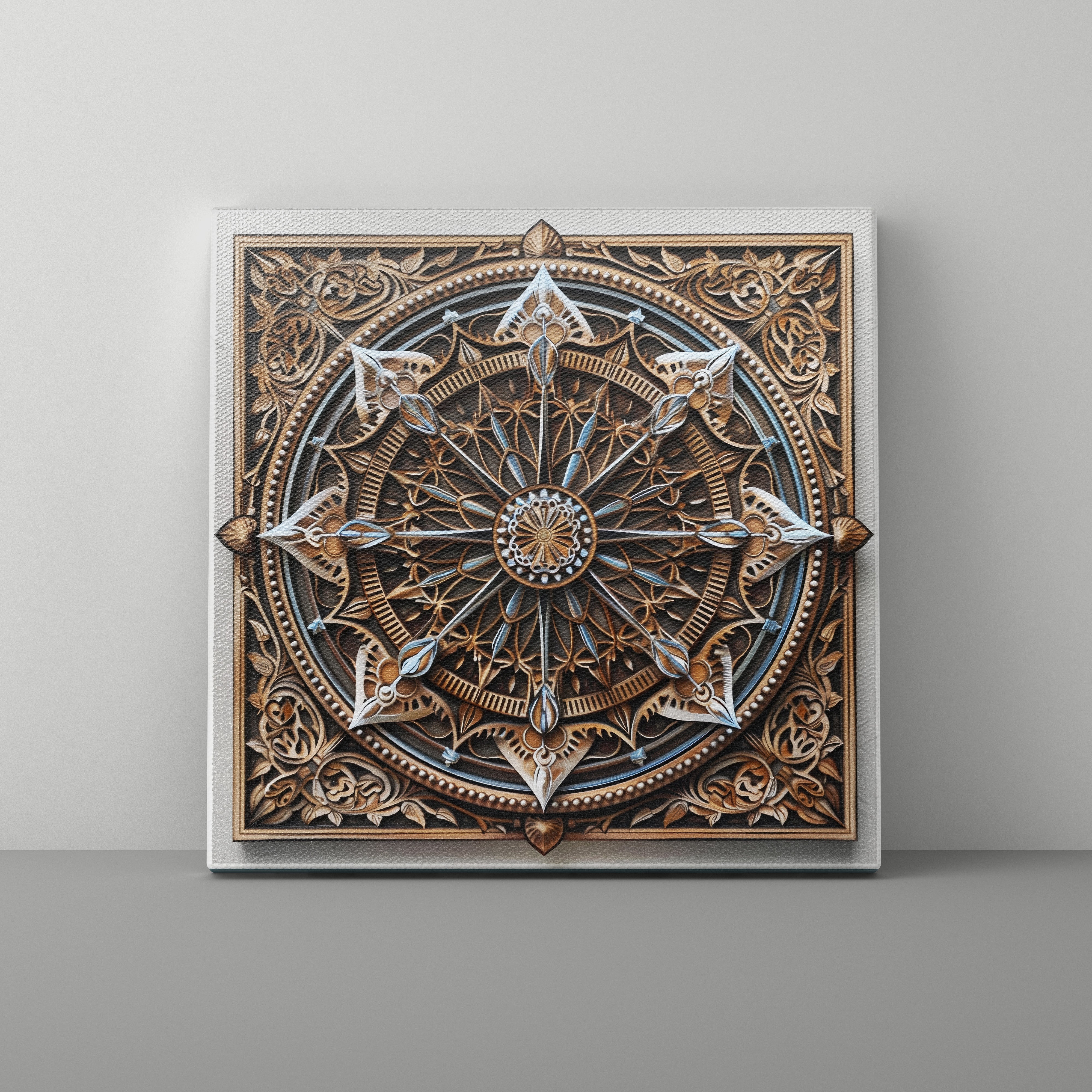 Decorative wall art with intricate design on a gray background