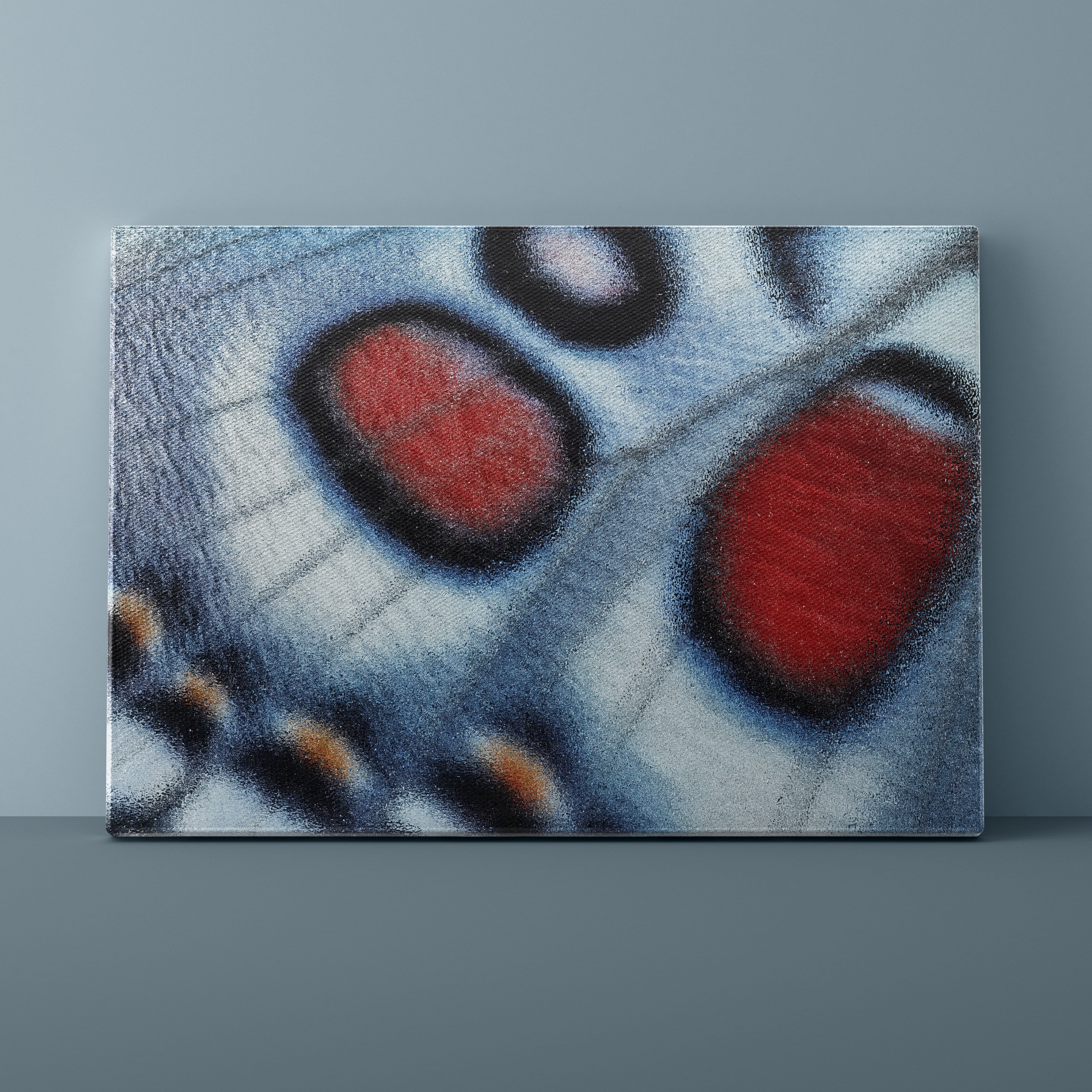Close-up of a butterfly wing with red, blue, and black patterns on a gray background