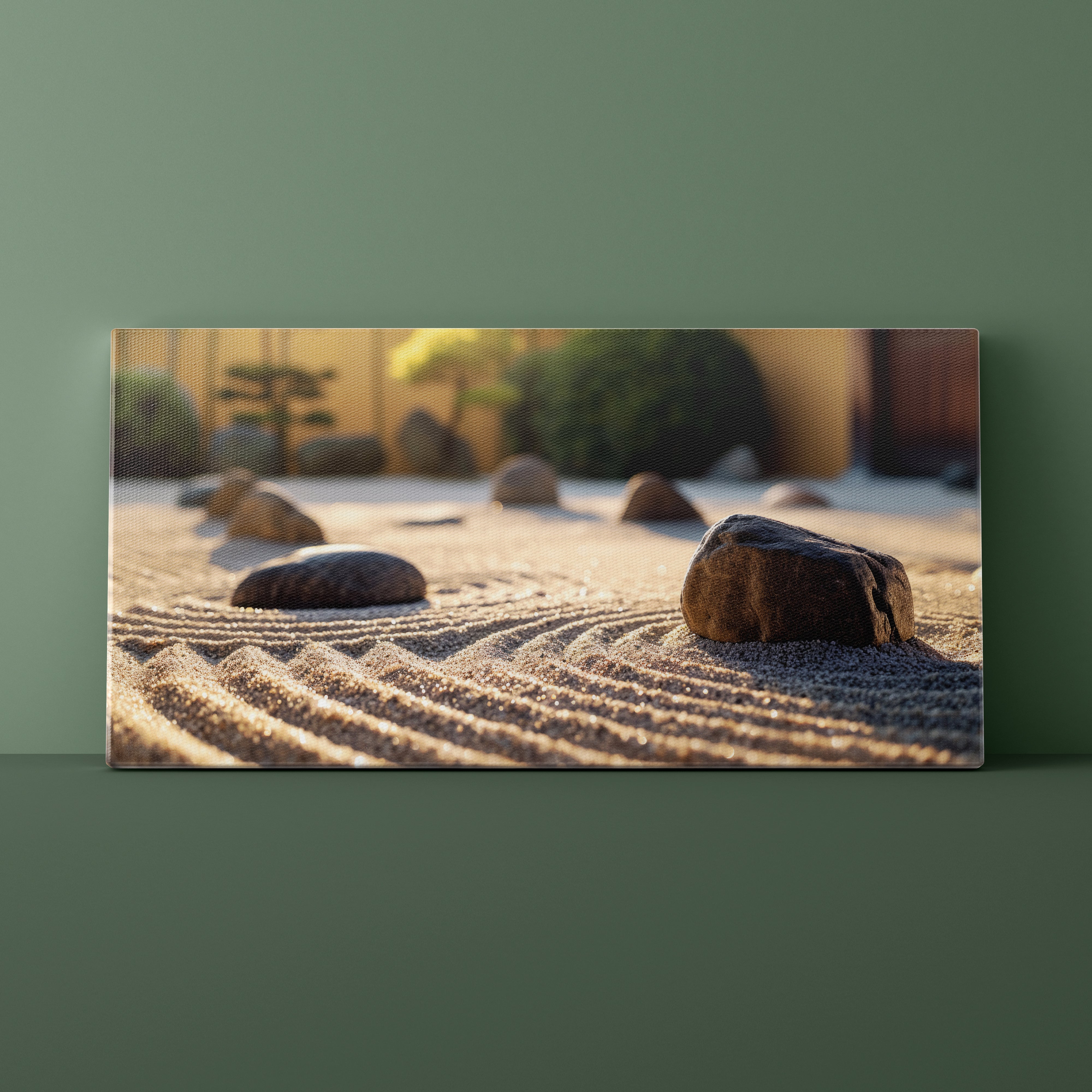 Canvas print of a zen garden with rocks and raked sand on a green wall.