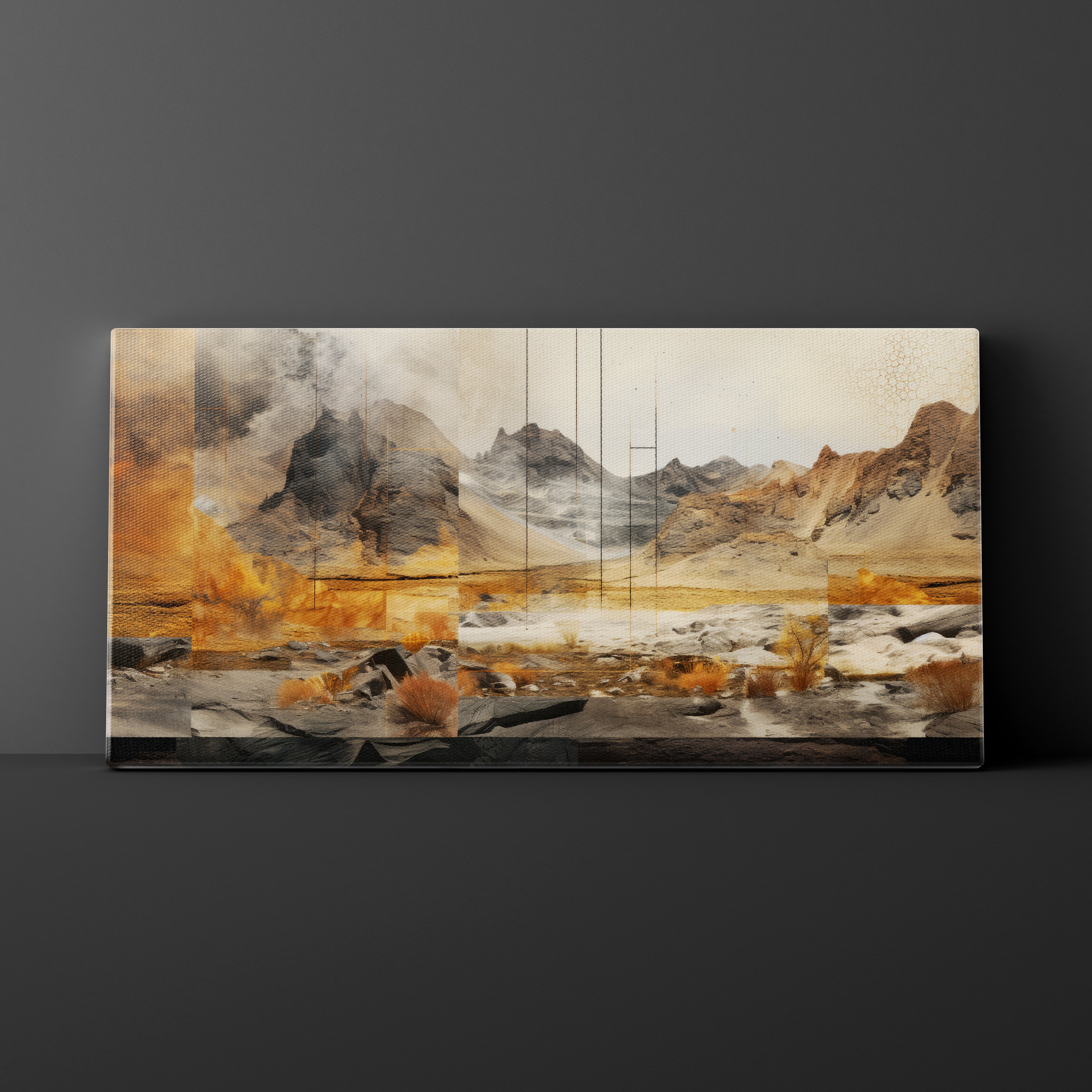 Abstract landscape painting with earthy tones on a dark gray background