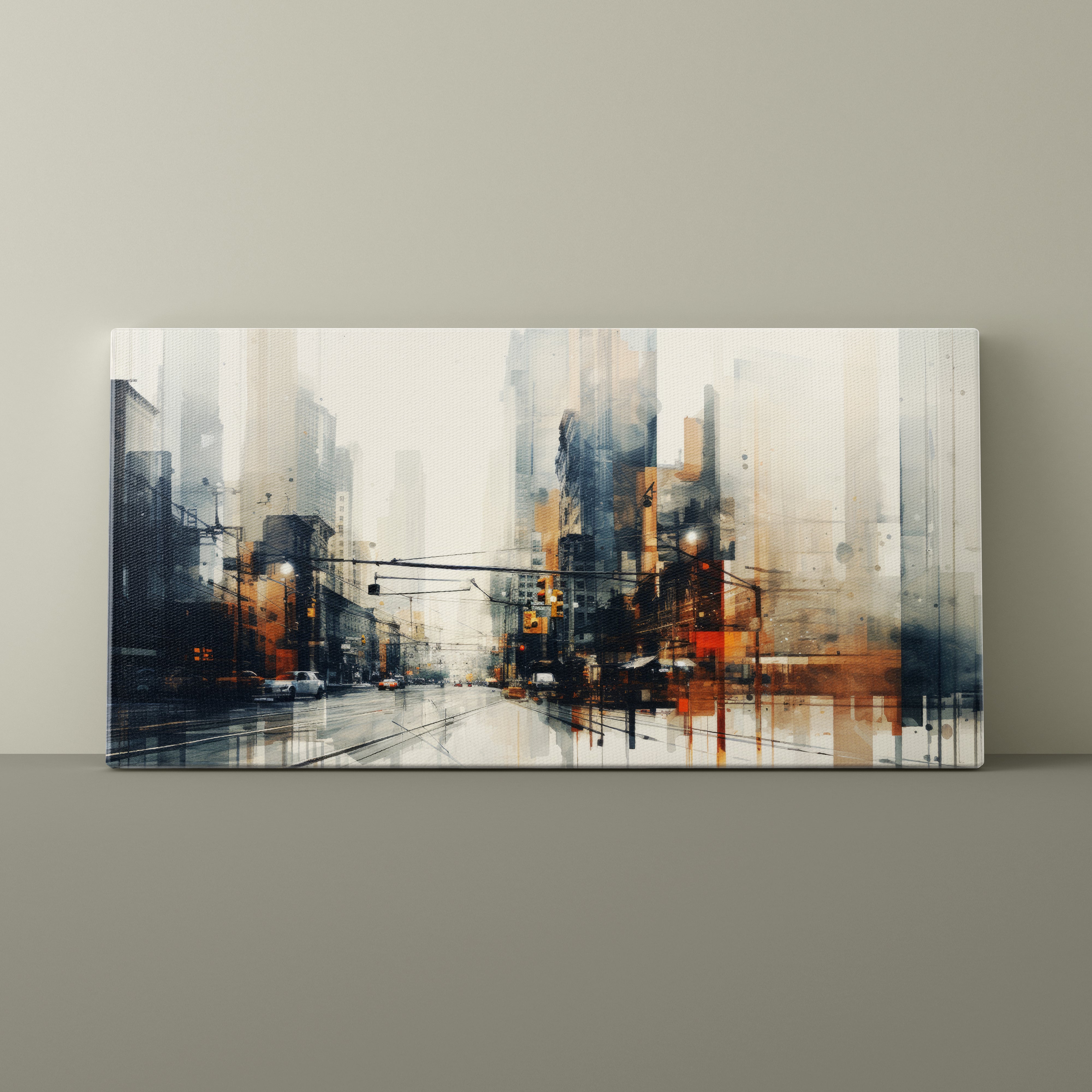 Abstract cityscape painting on a gray wall