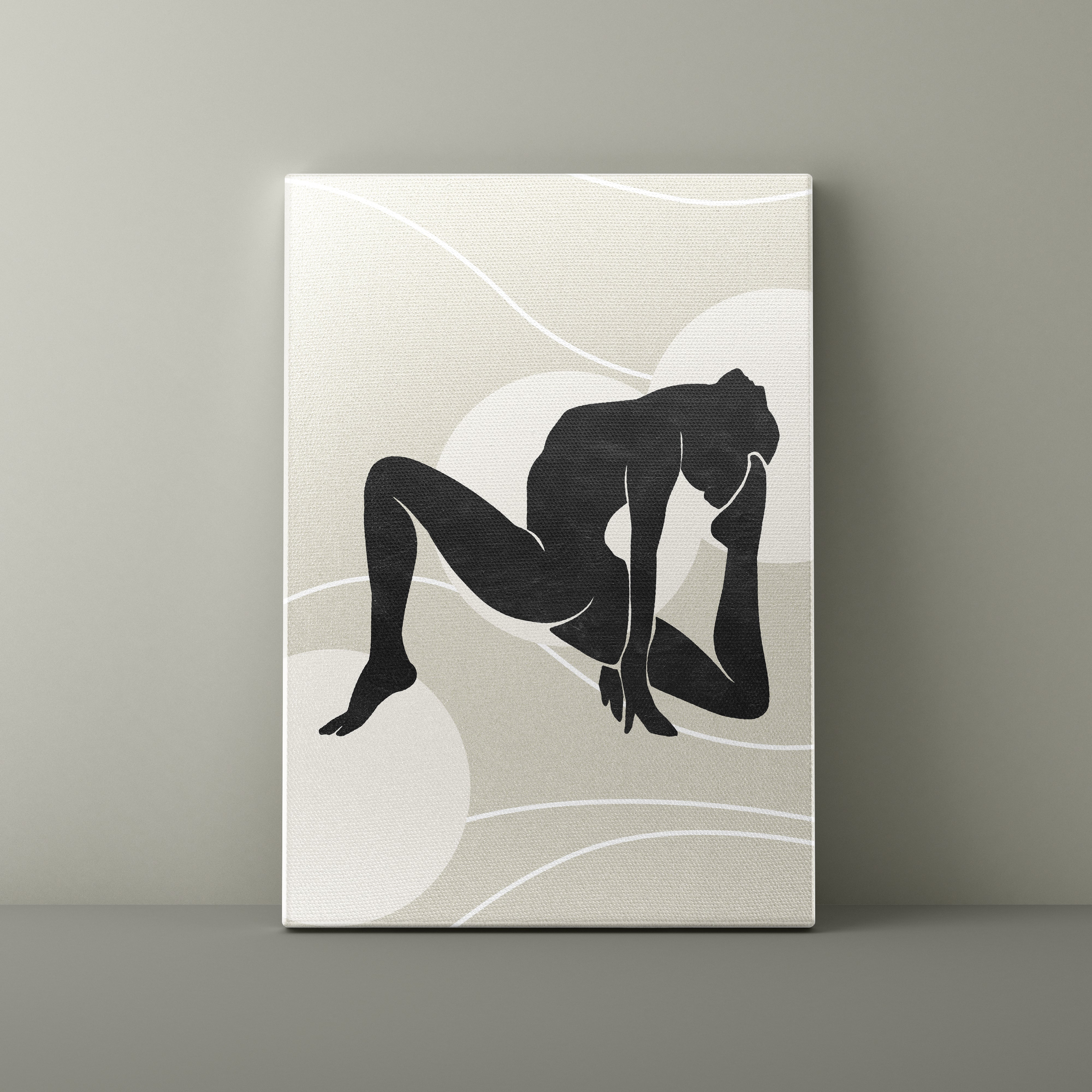 Canvas print with a black silhouette of a nude figure on a beige background