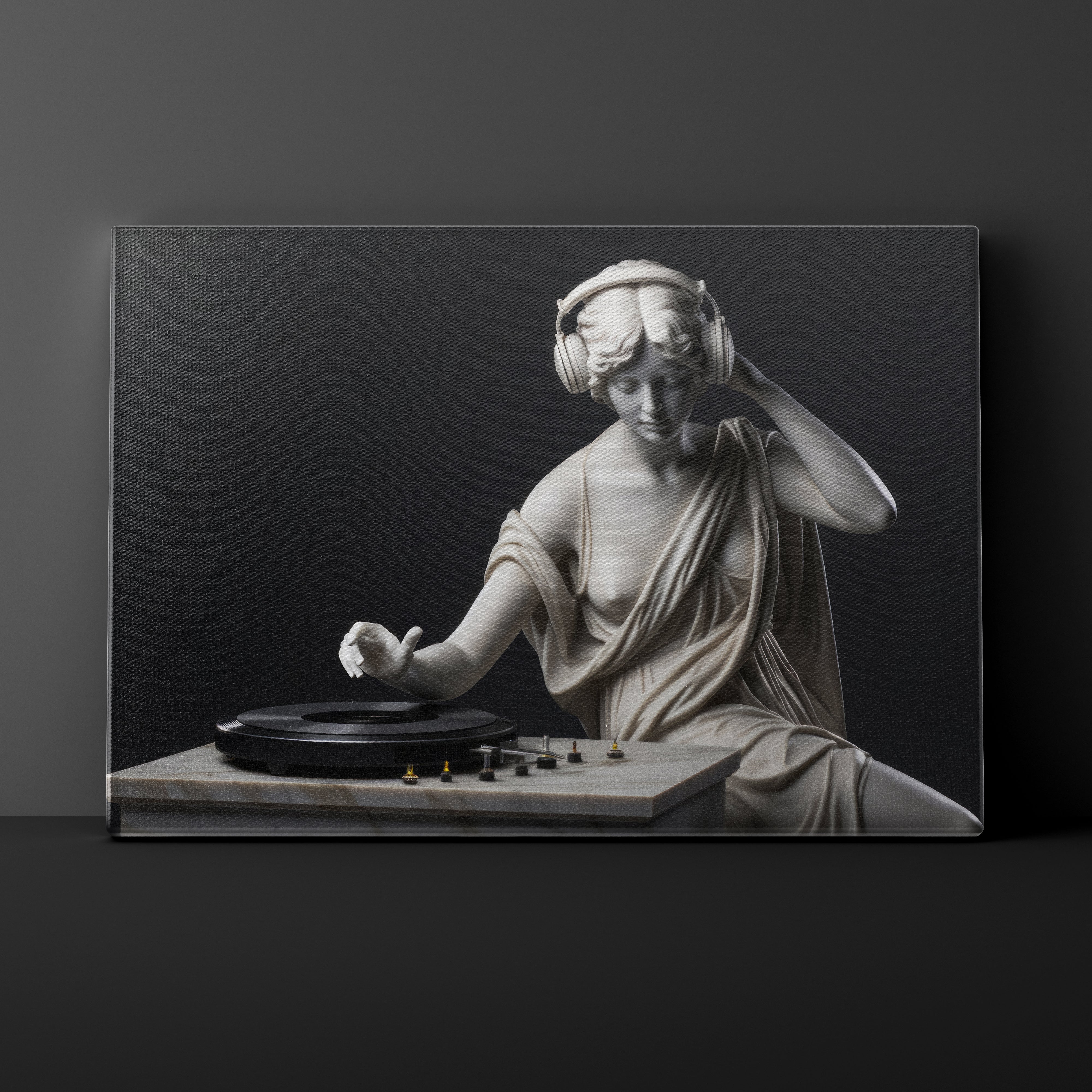 Statue of a woman with headphones on a turntable against a dark background