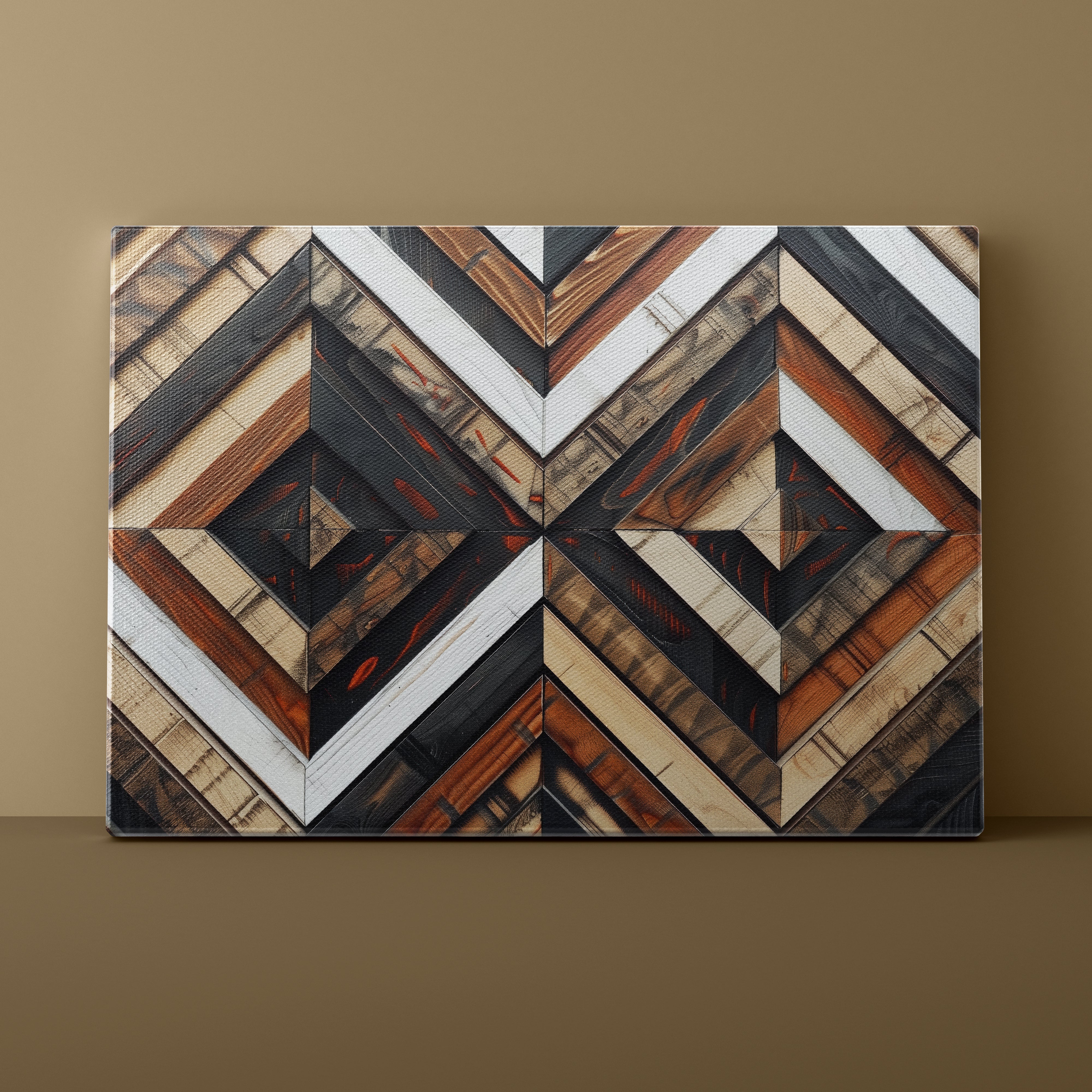Wooden wall art with geometric pattern on a brown background