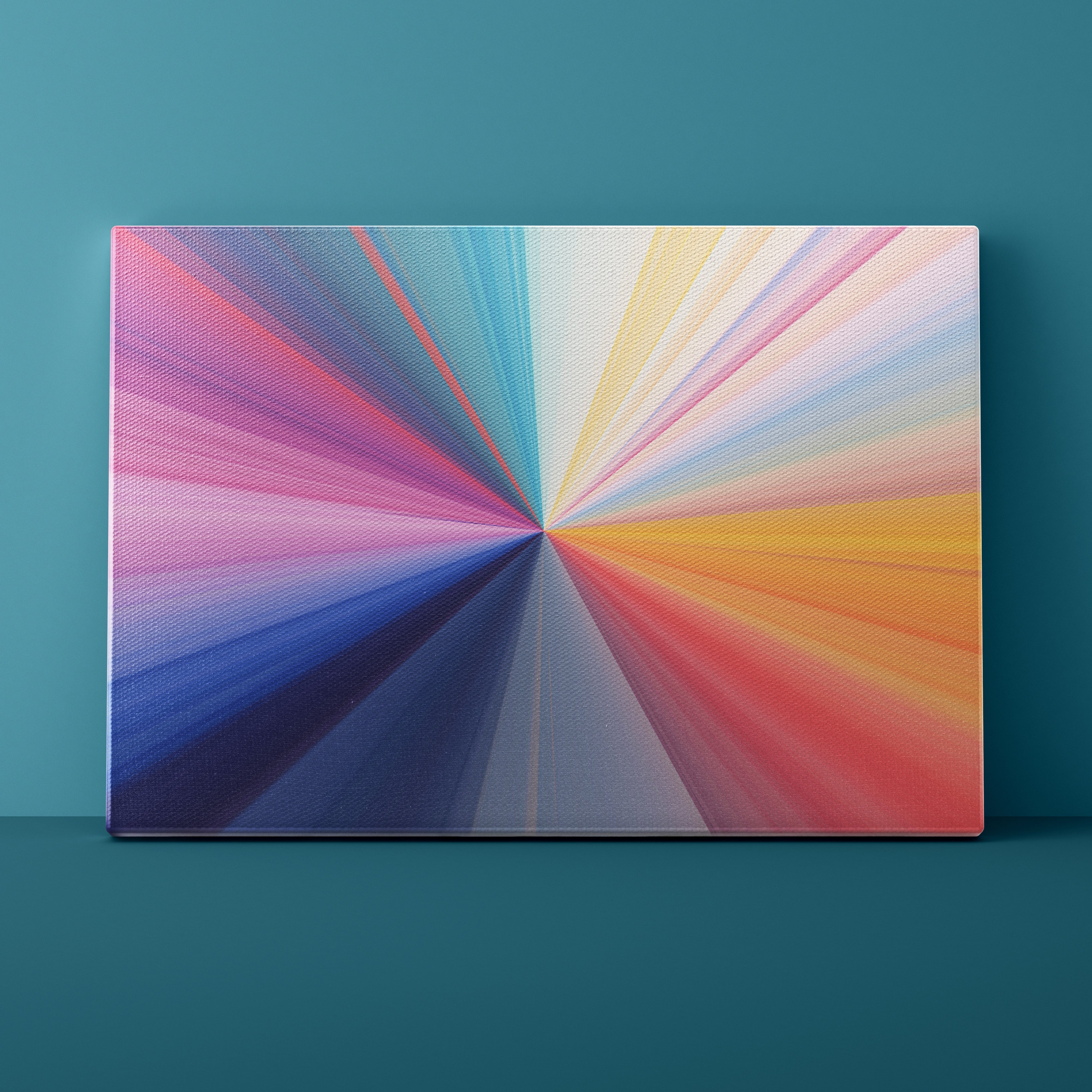 Colorful abstract art piece on a teal wall