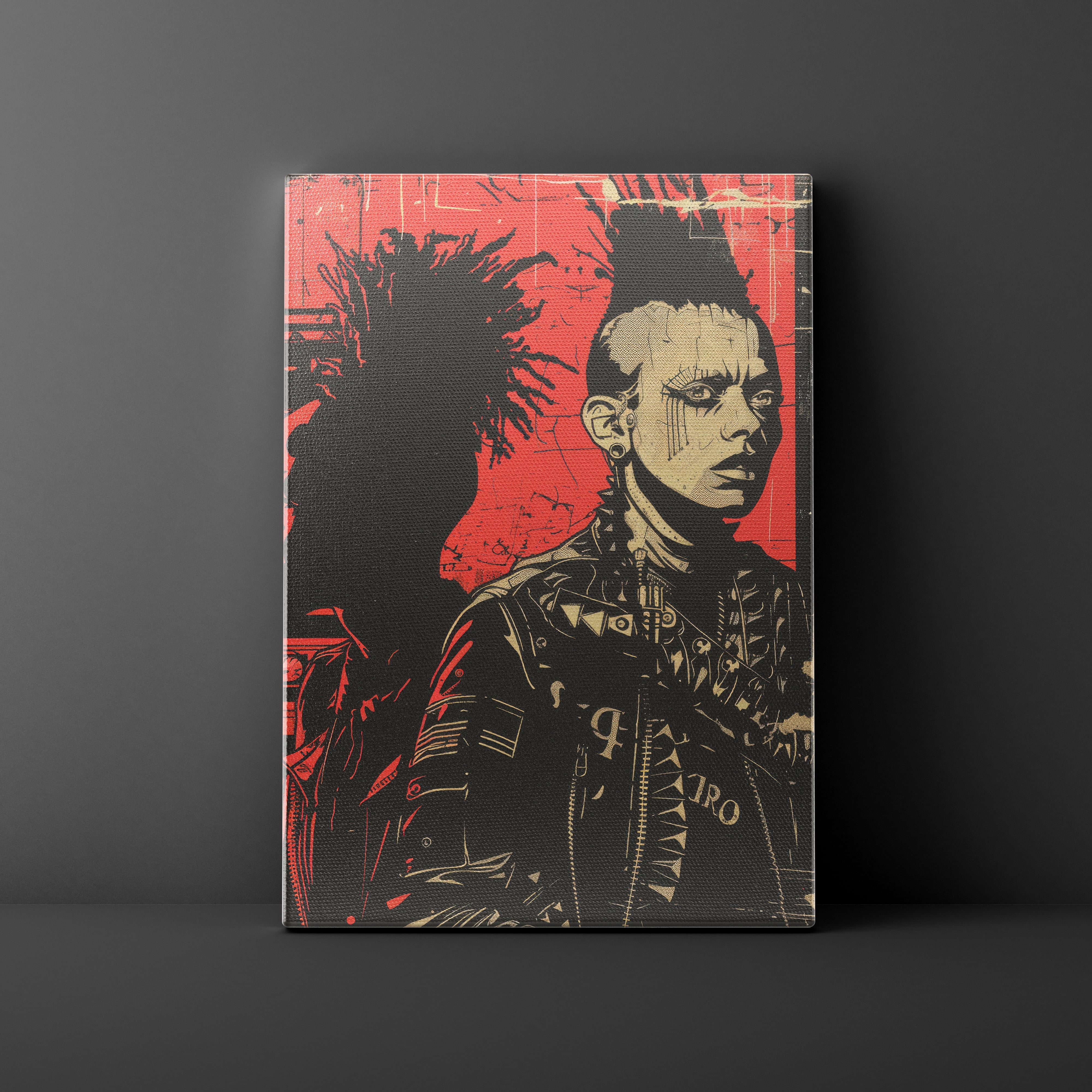 Canvas print of a stylized portrait with a red background on a dark gray wall.