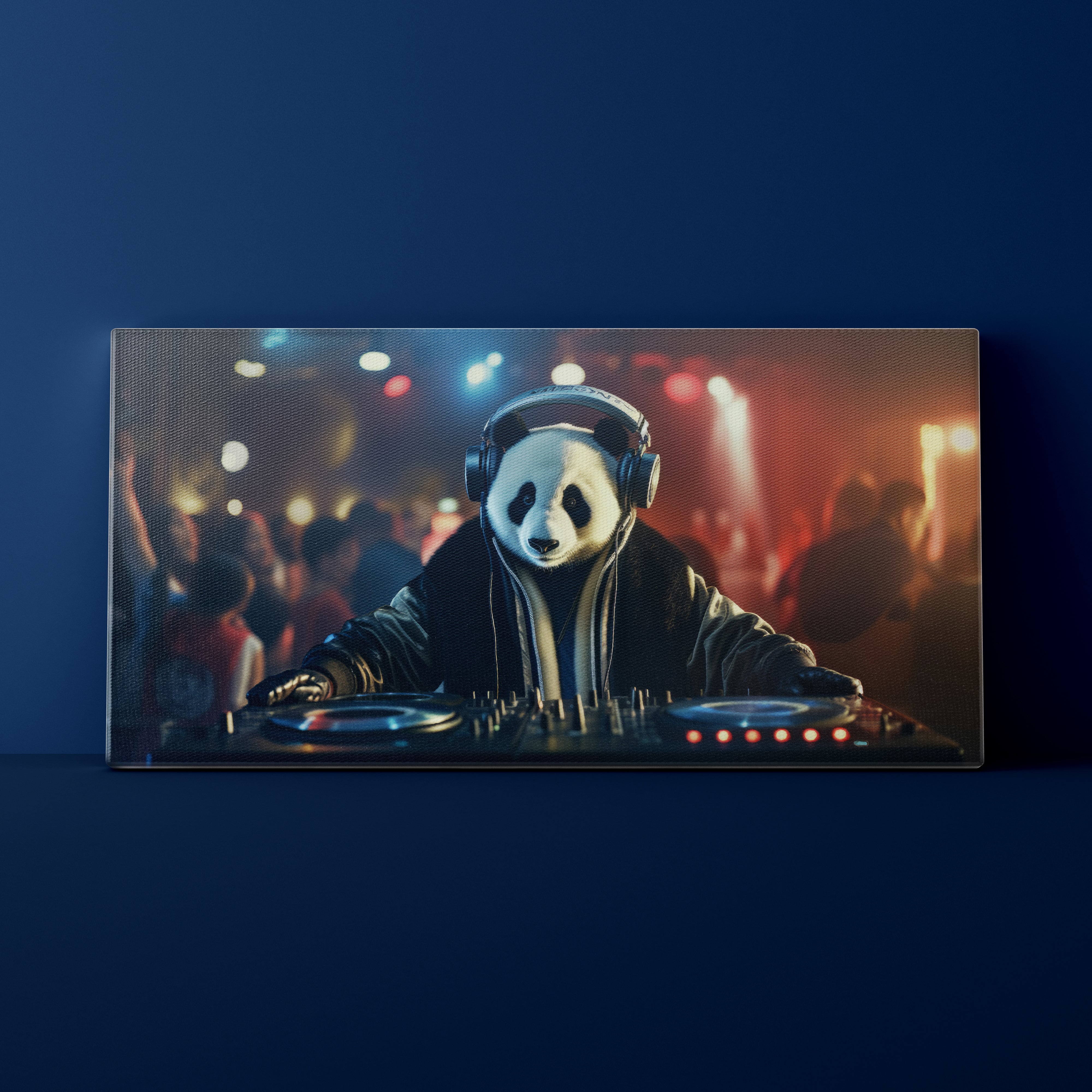 Panda bear DJing at a concert with a dark blue background