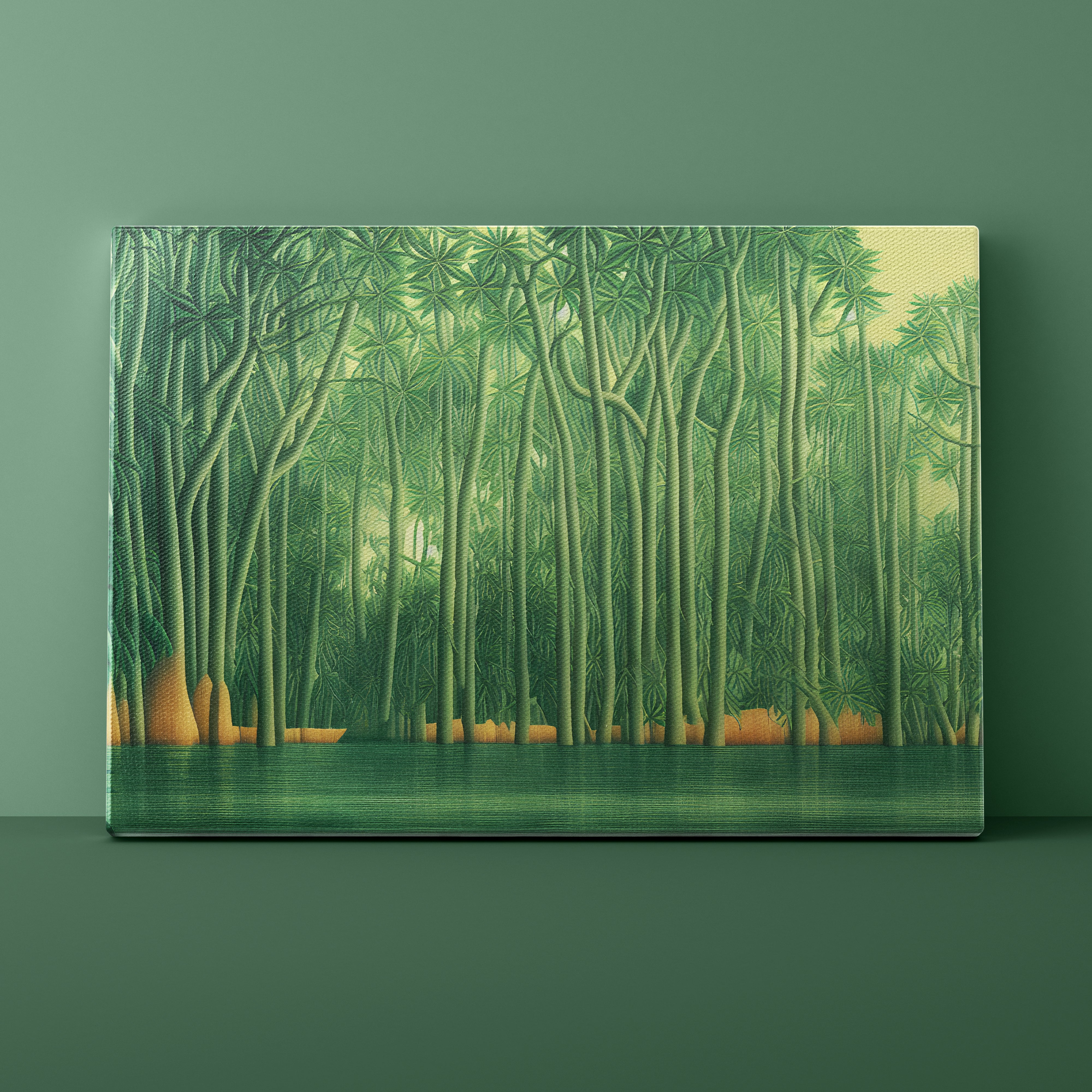 Tropical forest with tall trees and a body of water