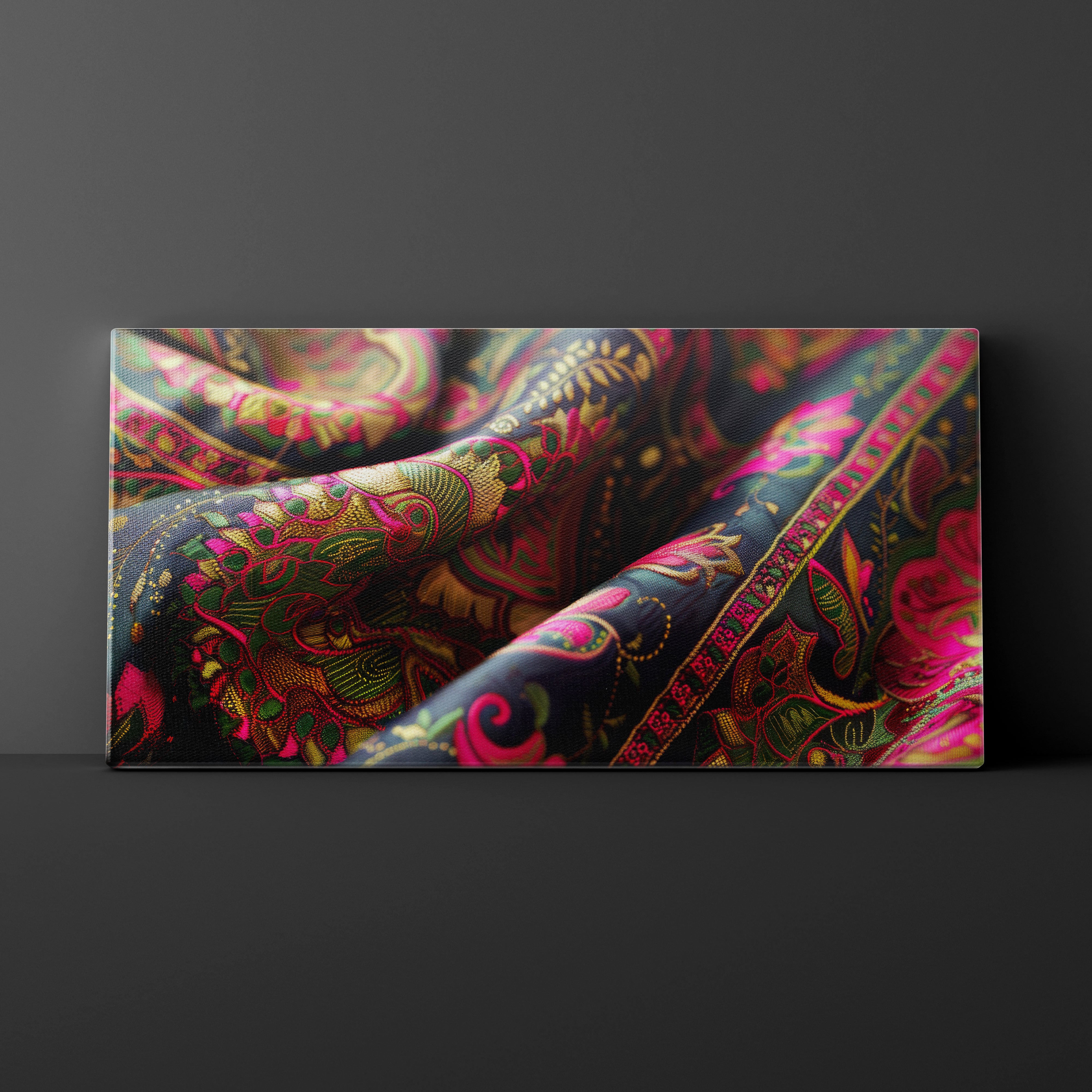 Colorful patterned fabric on a dark background