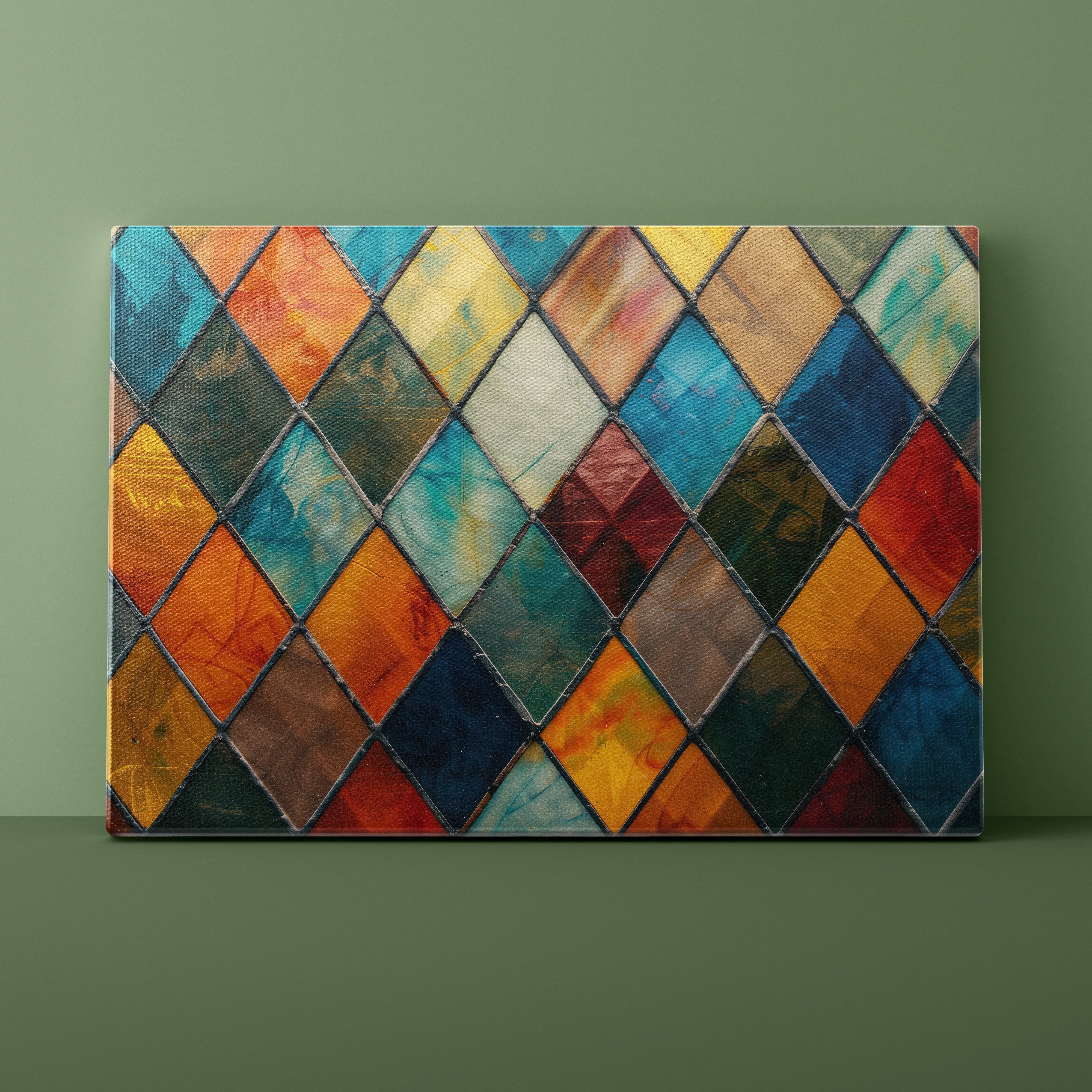 Colorful diamond pattern painting on a green wall