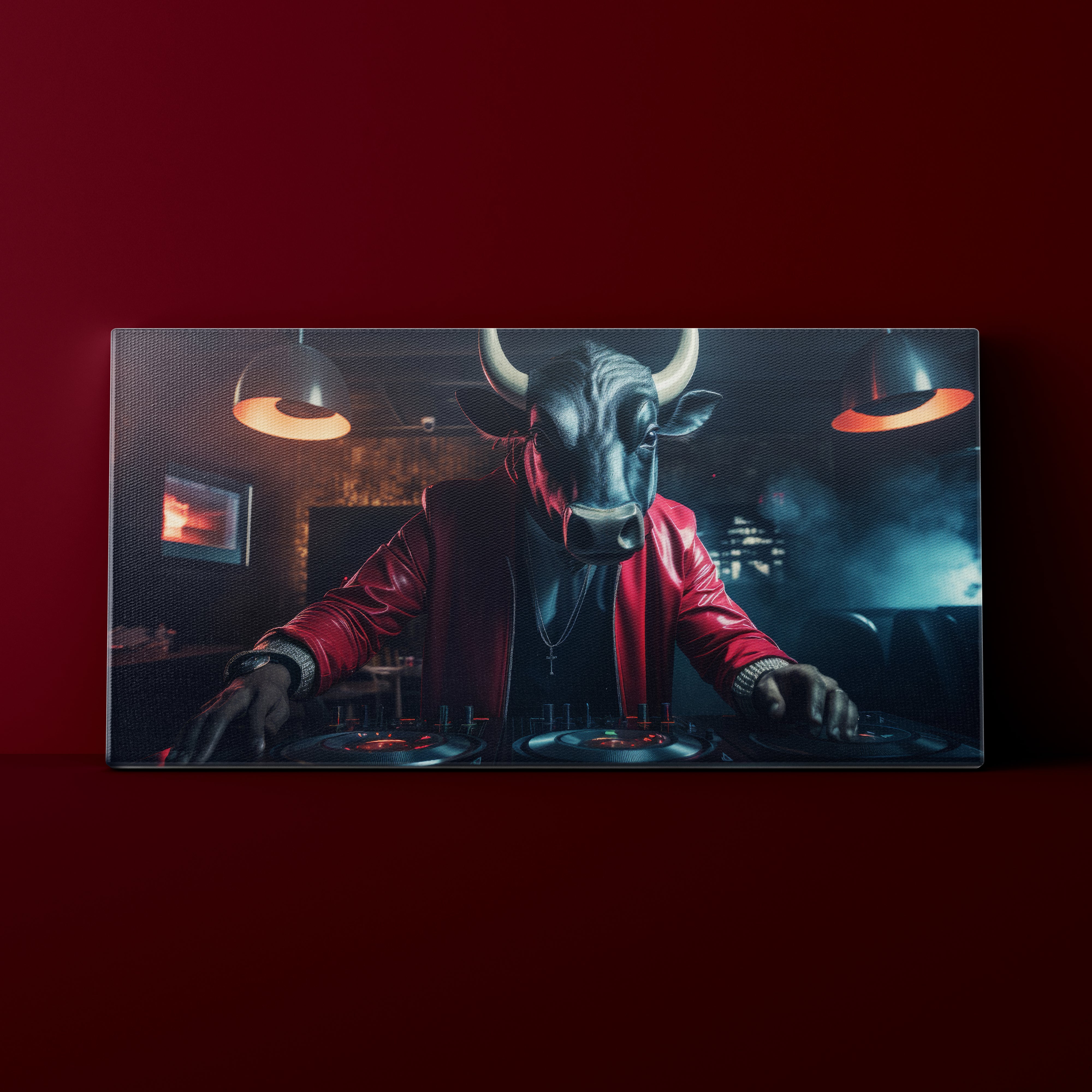 Bull in a red jacket DJing in a club setting on a dark background