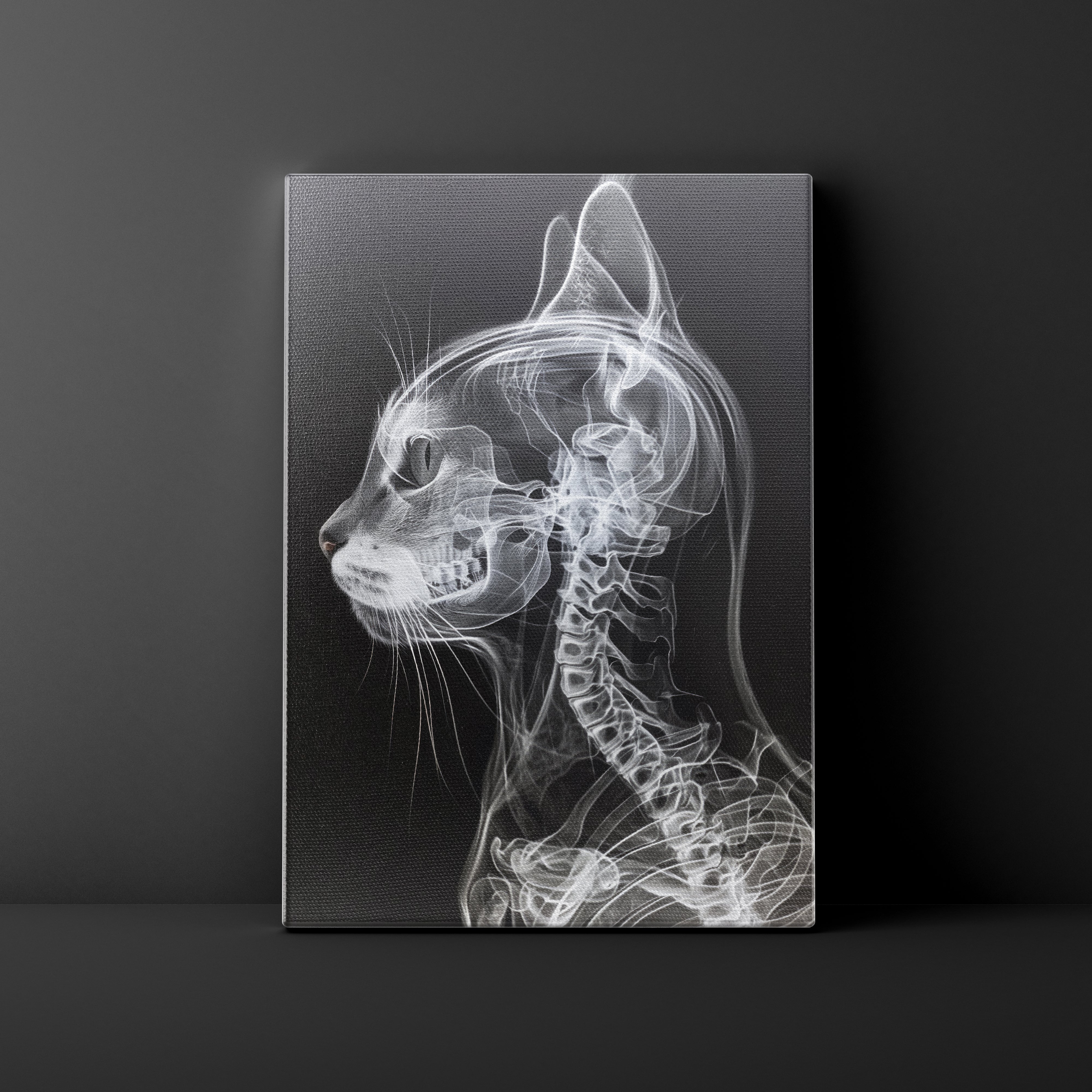 X-ray image of a cat's head on a dark background