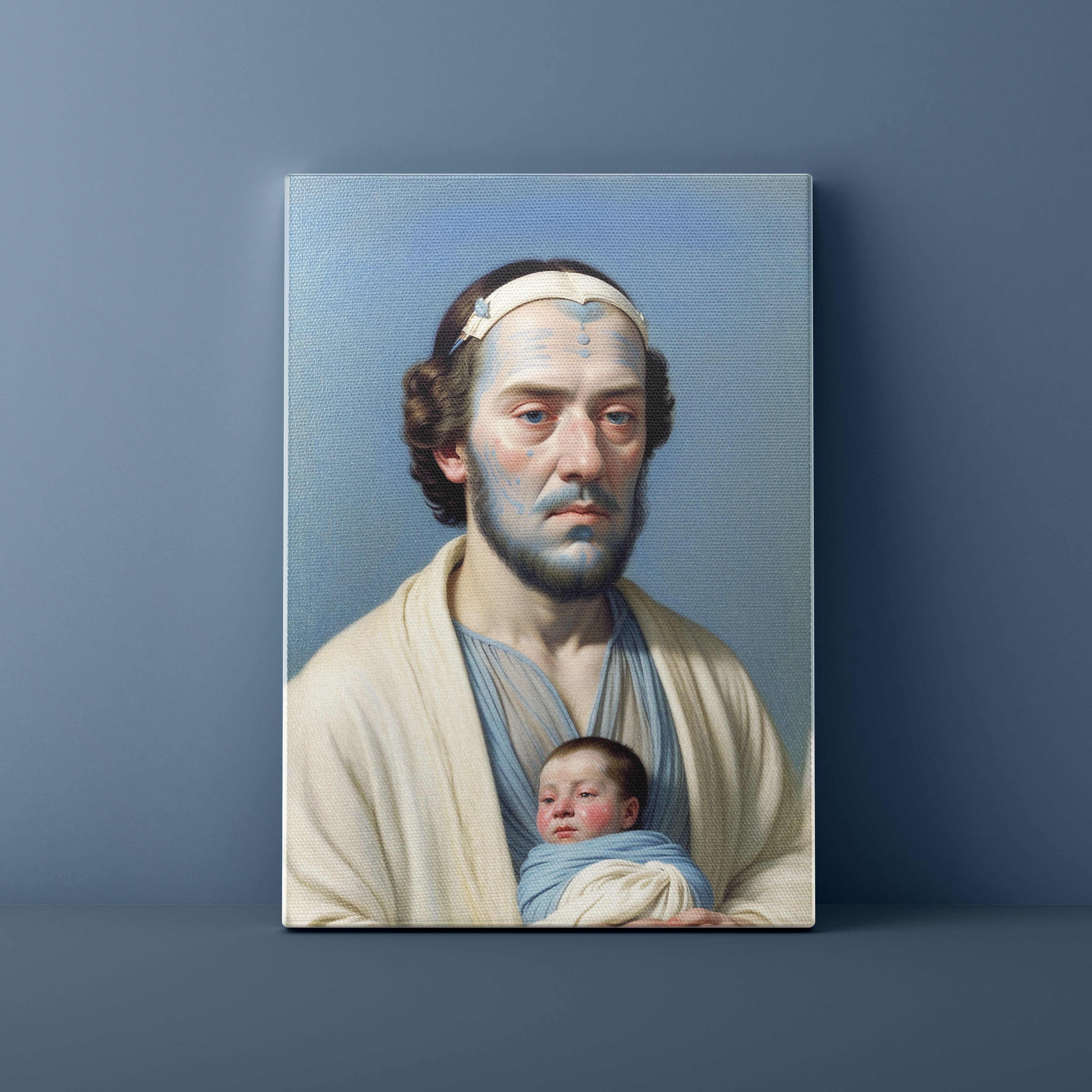 Canvas print of a classical painting with a man holding a child against a blue background