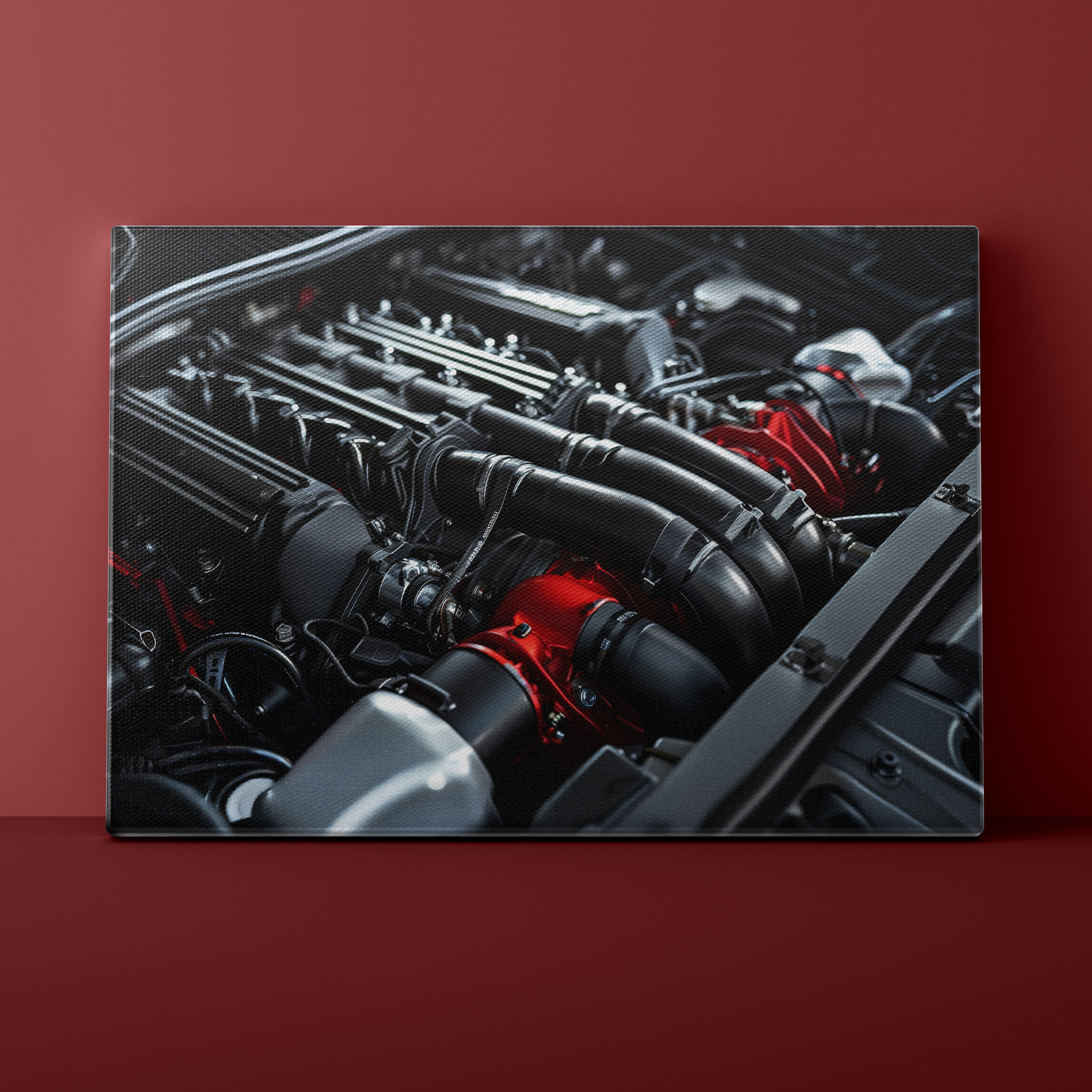 Close-up of a car engine with red accents on a red background