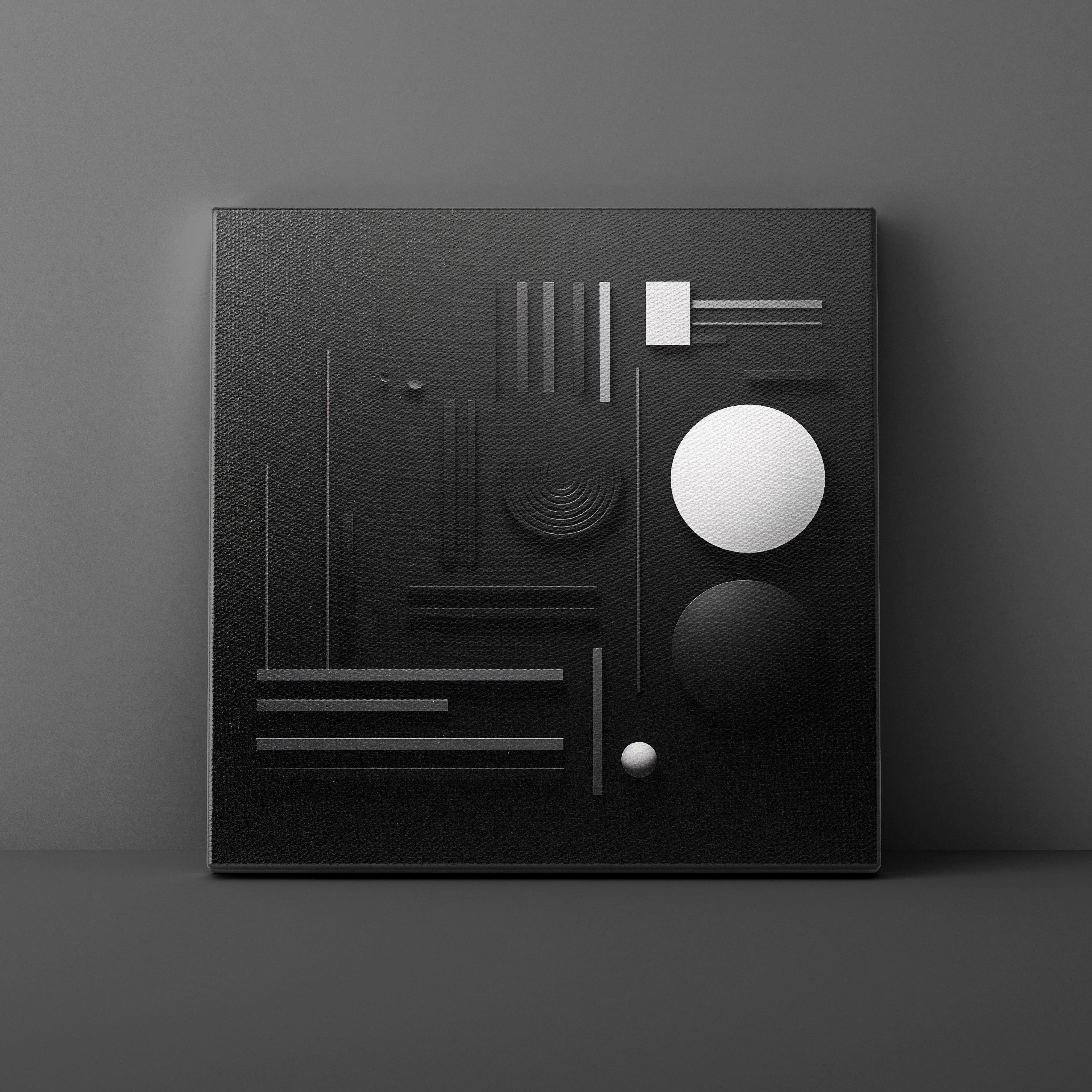 Black abstract art piece with geometric shapes on a dark gray background