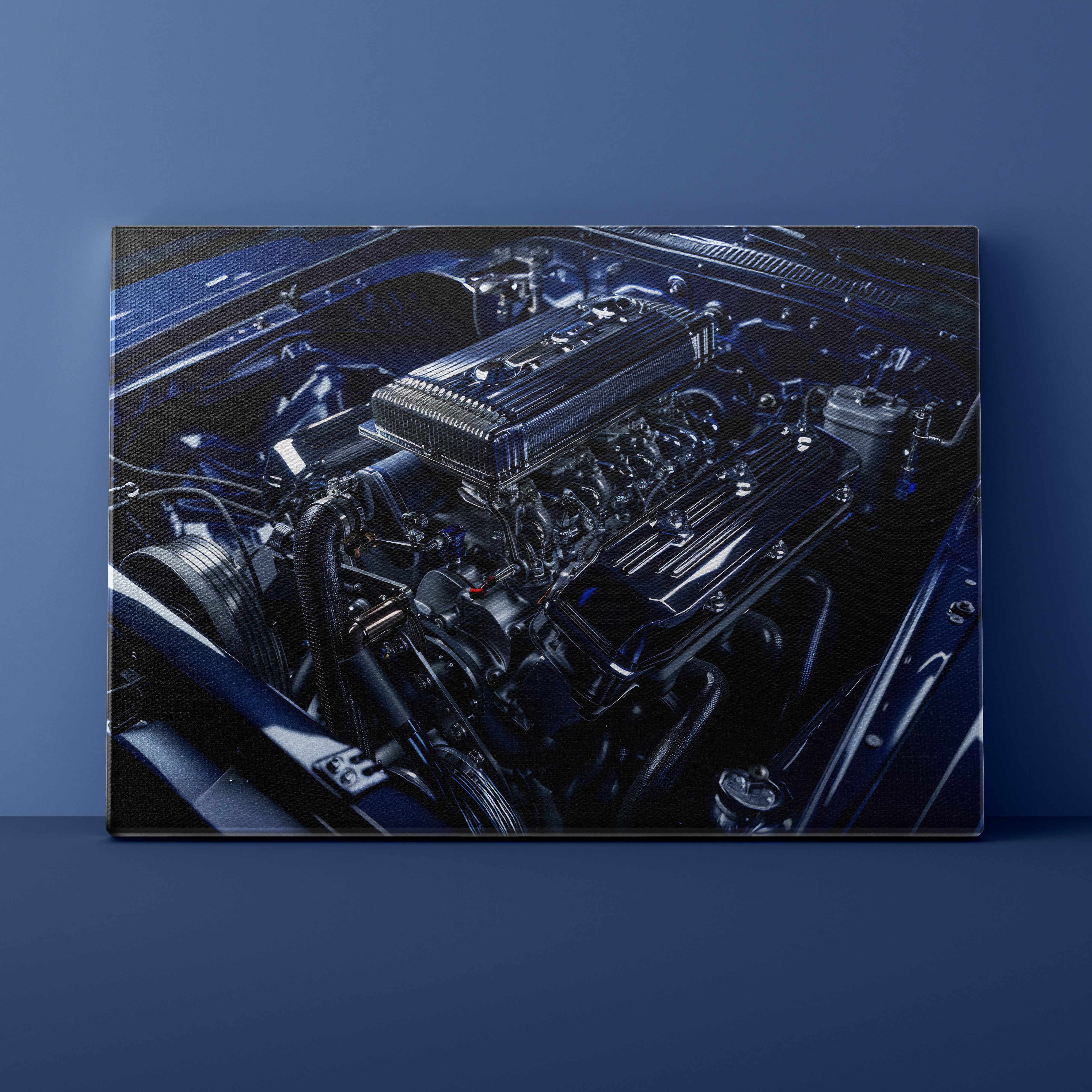Close-up of a car engine on a dark blue background