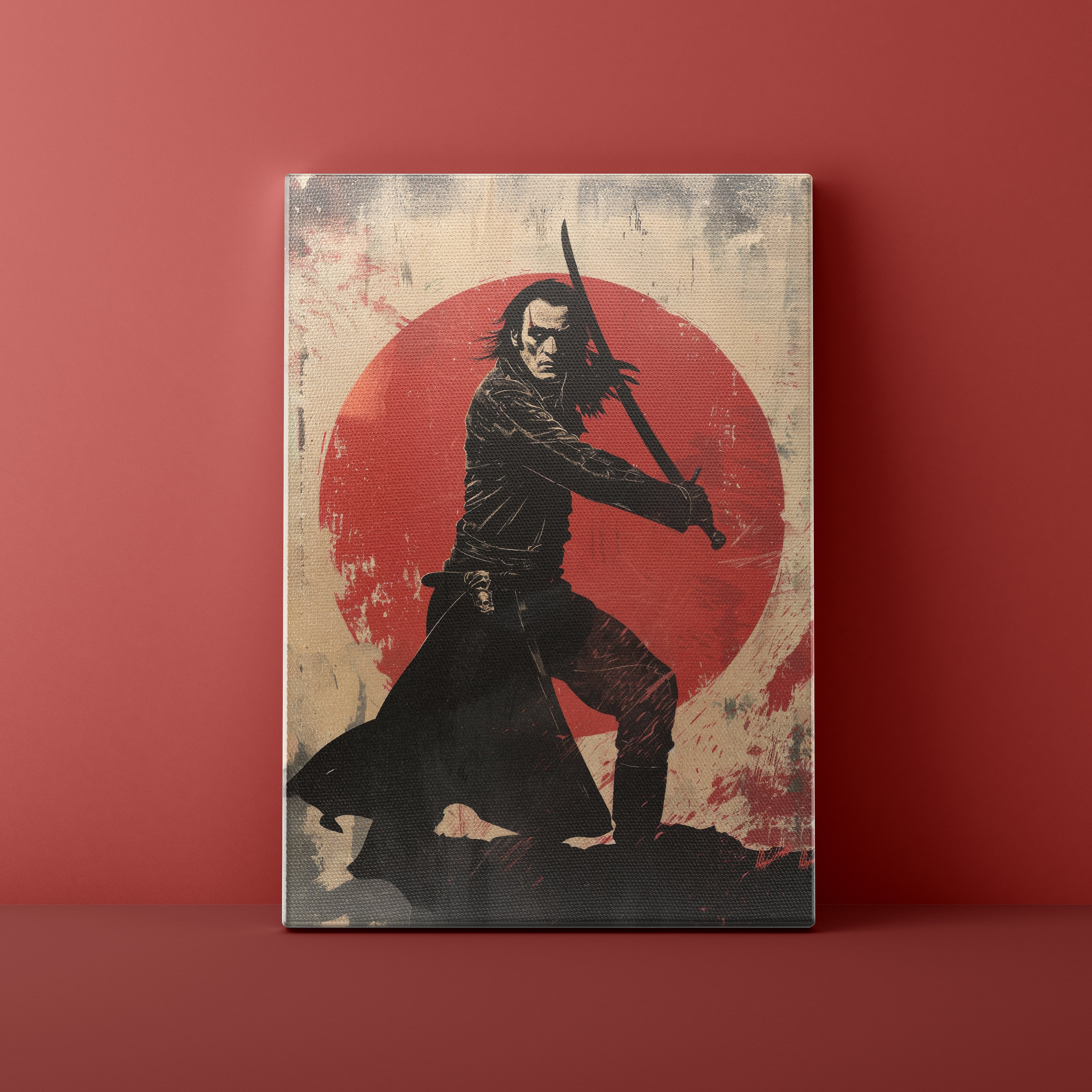 Canvas print of a warrior holding a sword against a red circle on a textured background.