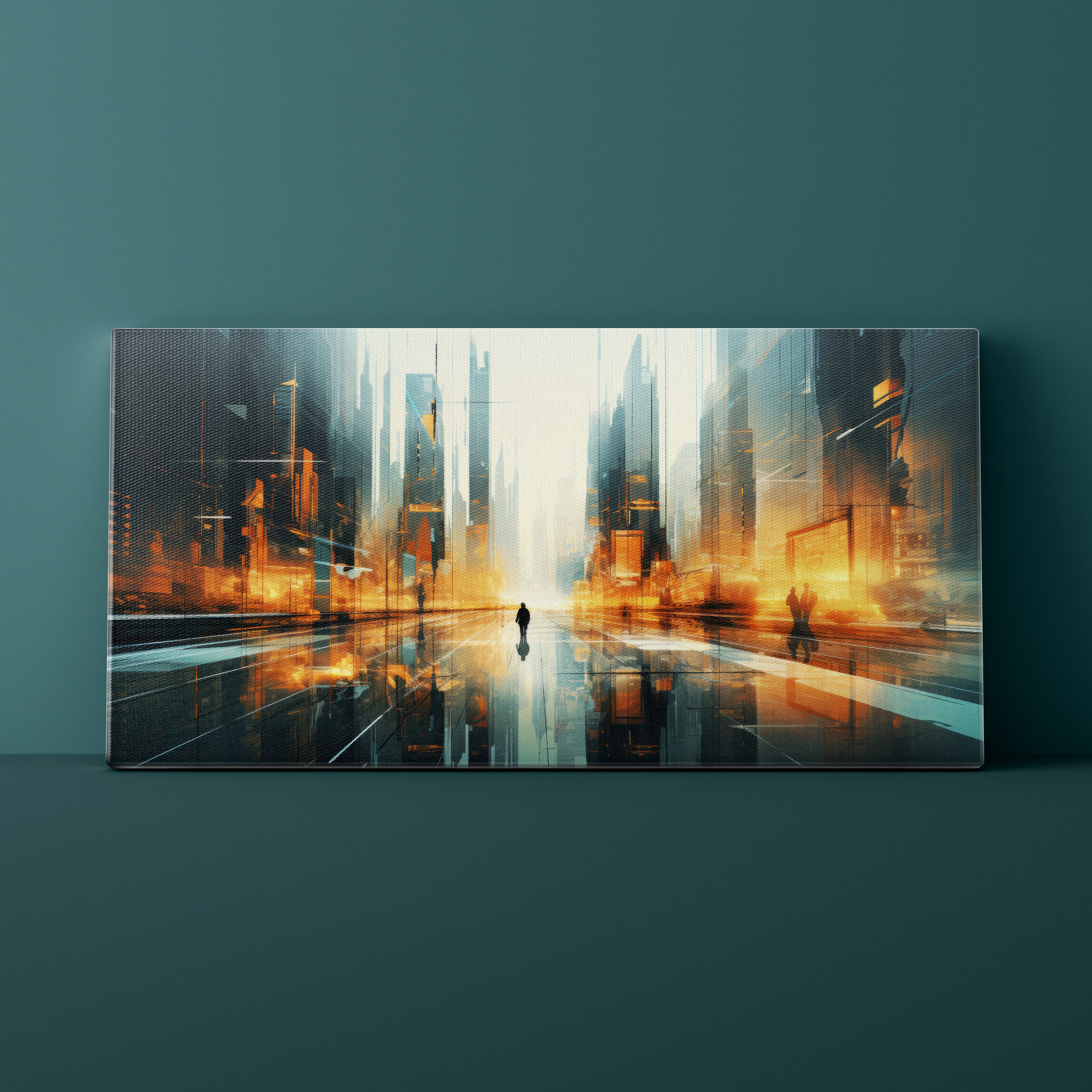 Futuristic cityscape painting on a dark teal wall