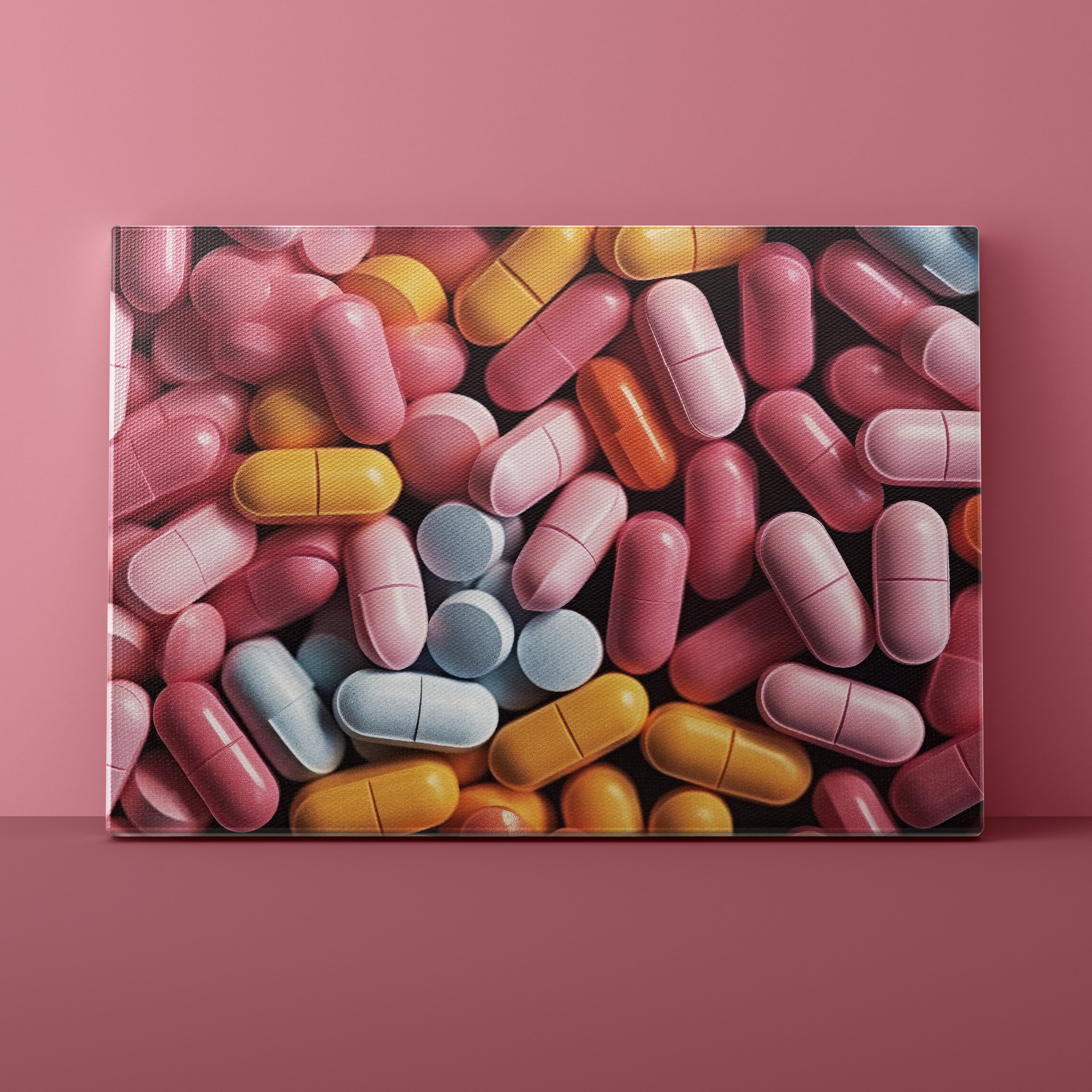 Canvas print of colorful pills on a pink background