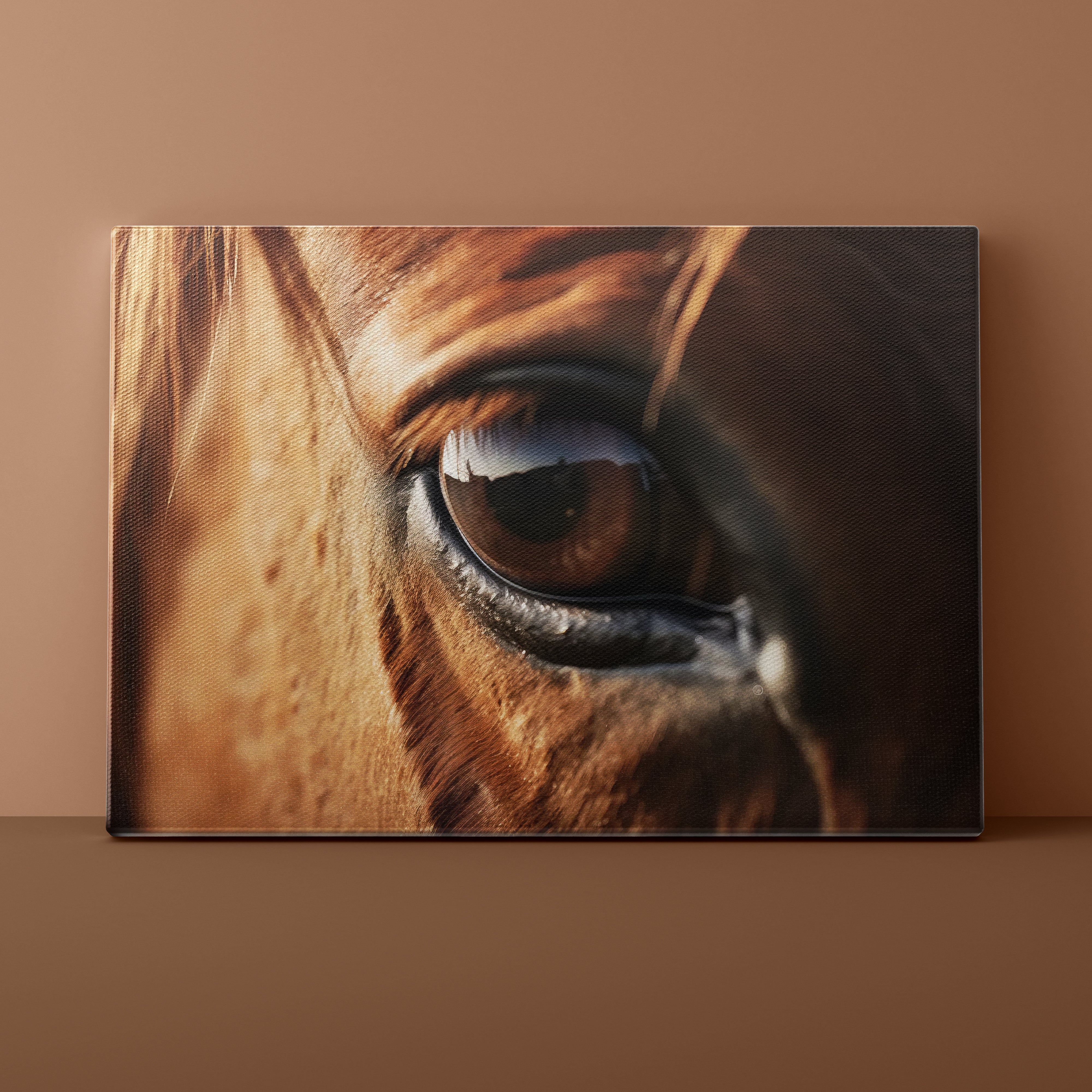 Close-up of a horse's eye on a brown background