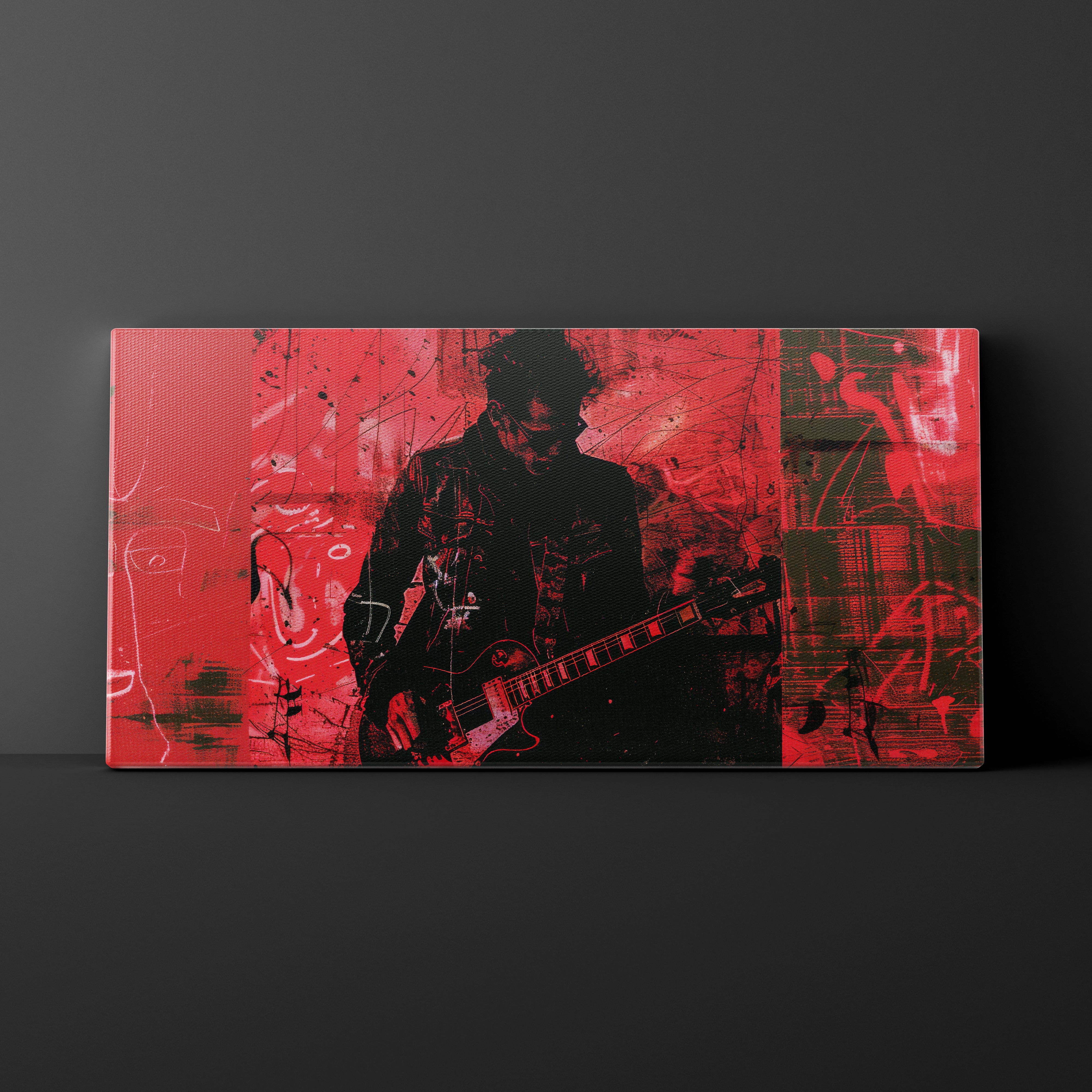 Canvas print of a musician playing guitar with red and black abstract design