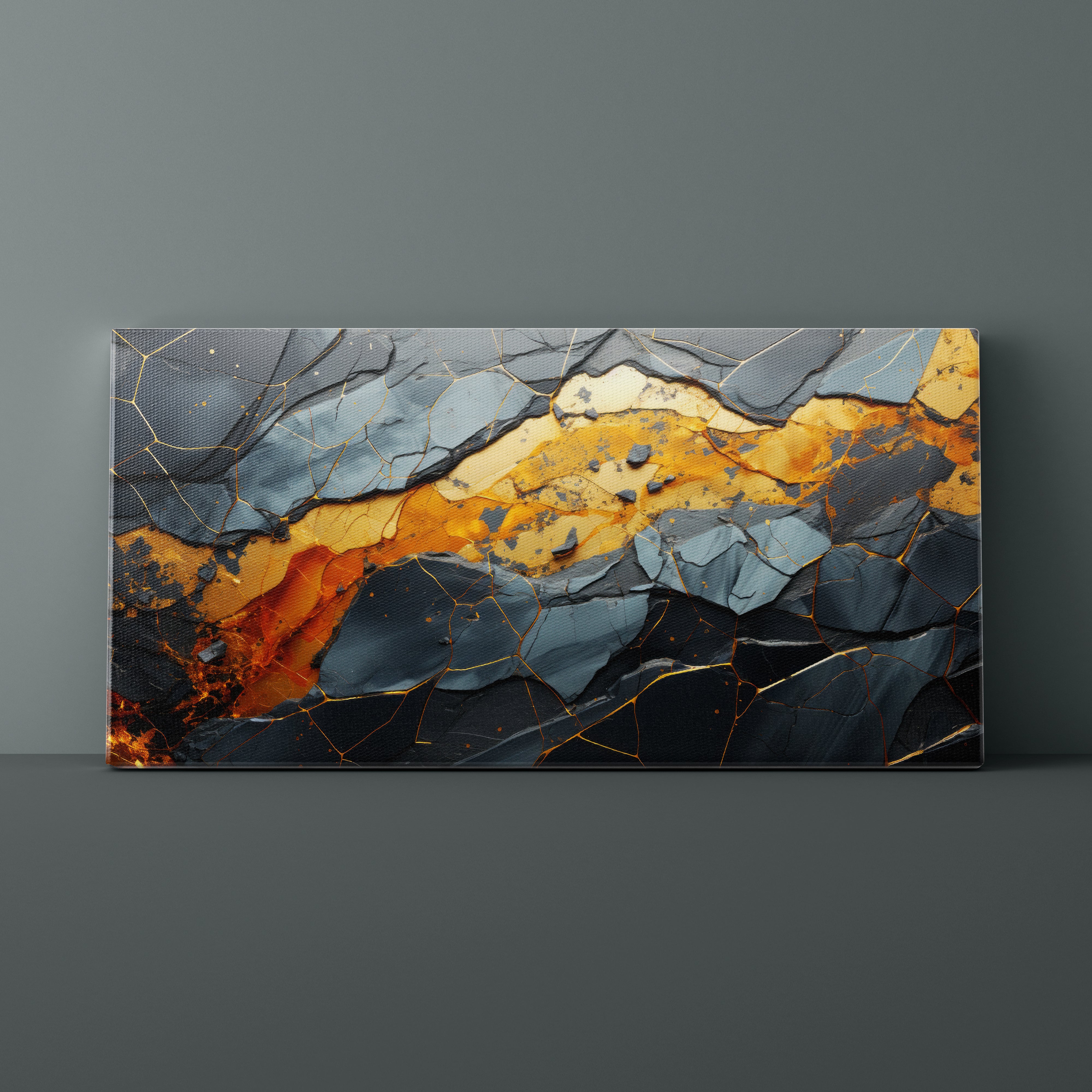 Marble-patterned wall art with blue, orange, and black colors on a gray background