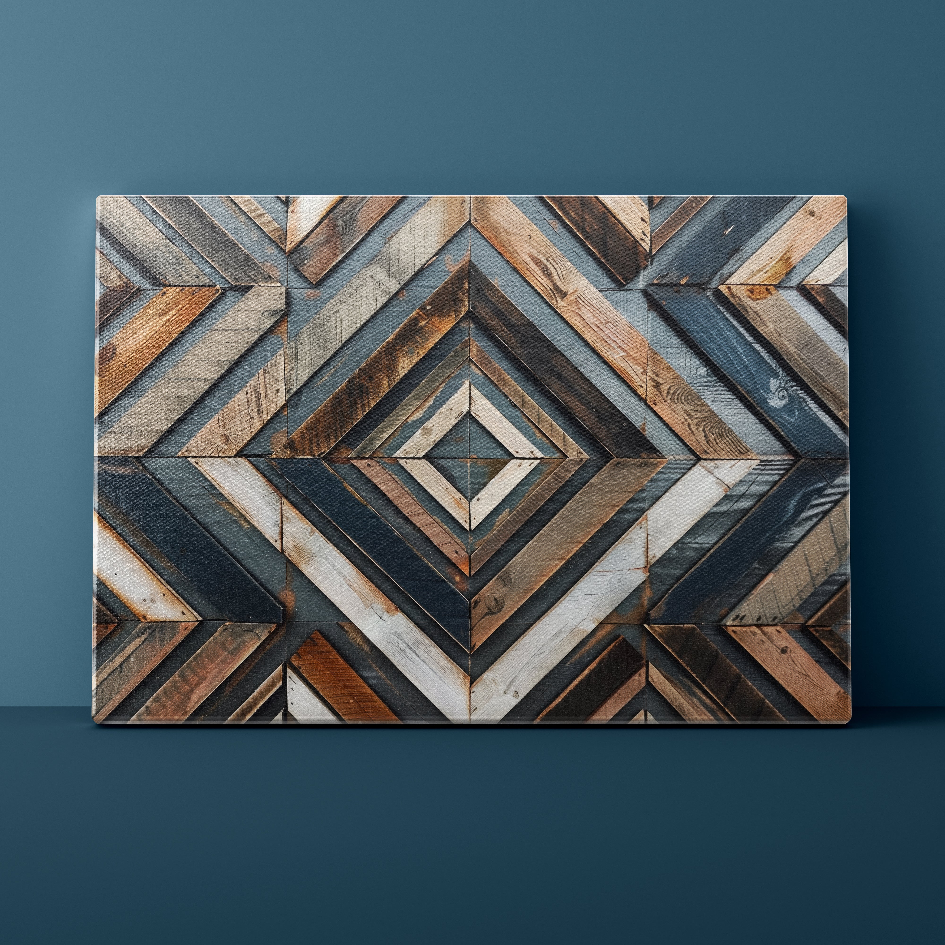 Wooden wall art with geometric pattern on a blue background