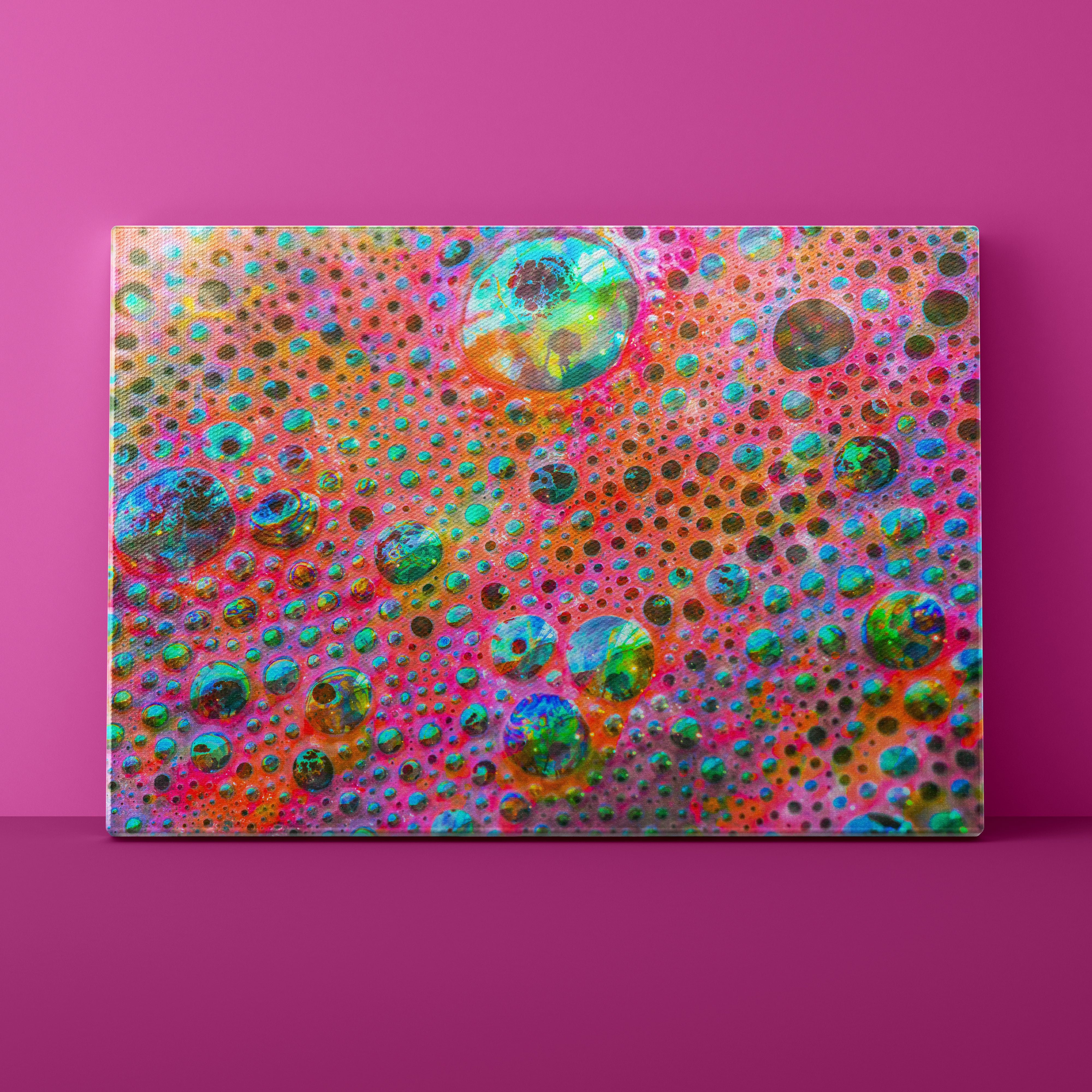 Colorful abstract painting with circular patterns on a pink background
