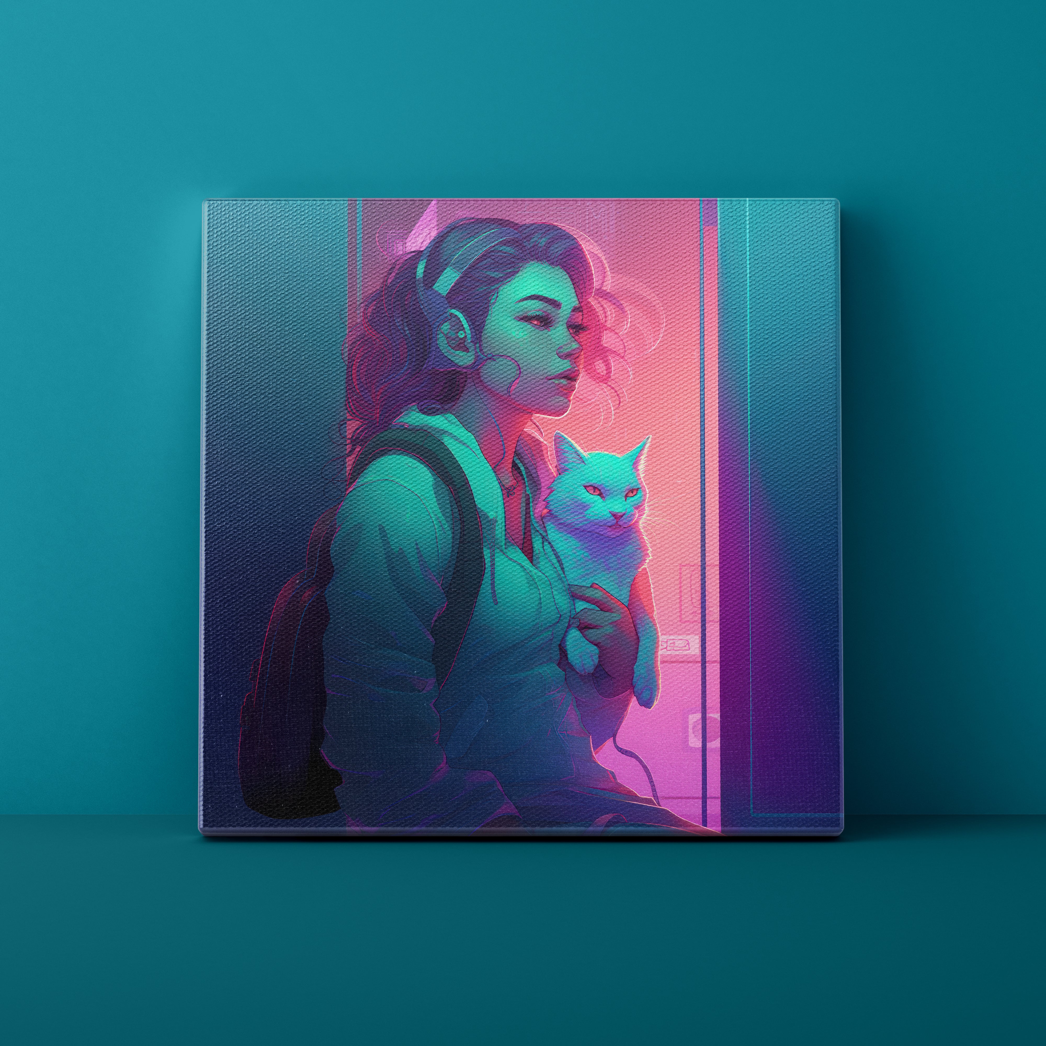 Canvas print of a futuristic scene with a person and a cat on a teal background