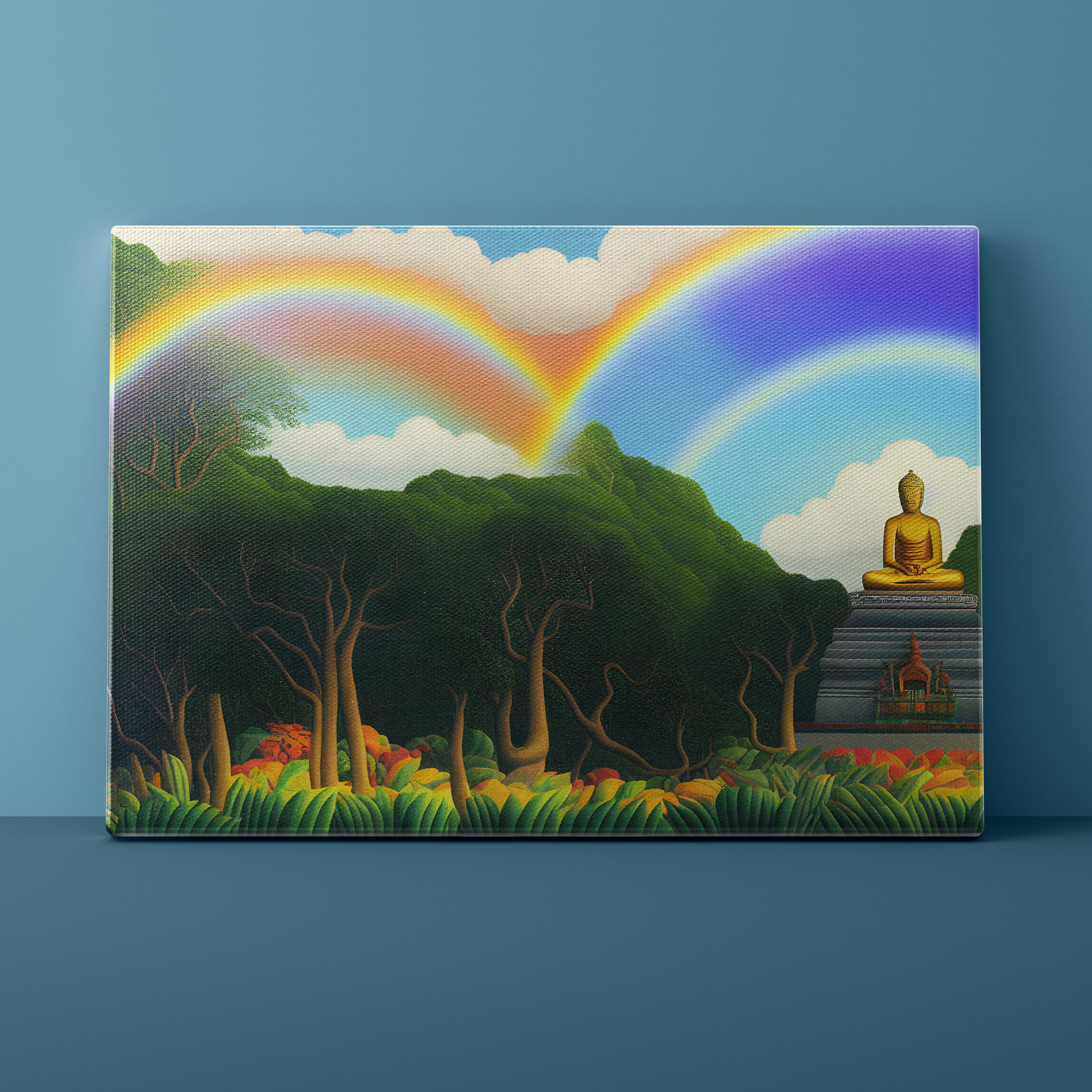 Golden Buddha statue on a pedestal with a rainbow and forest background