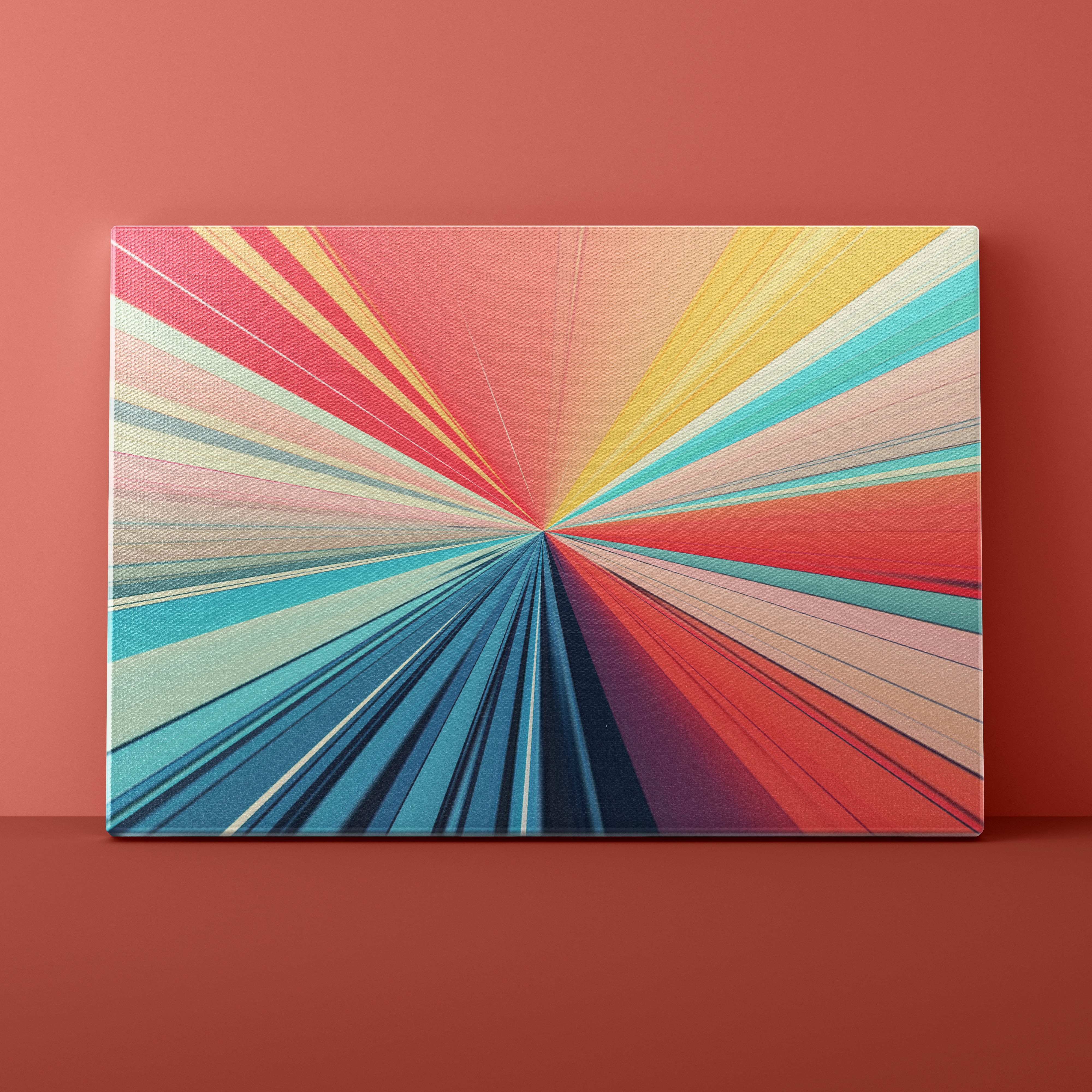 Colorful abstract art piece on a red background