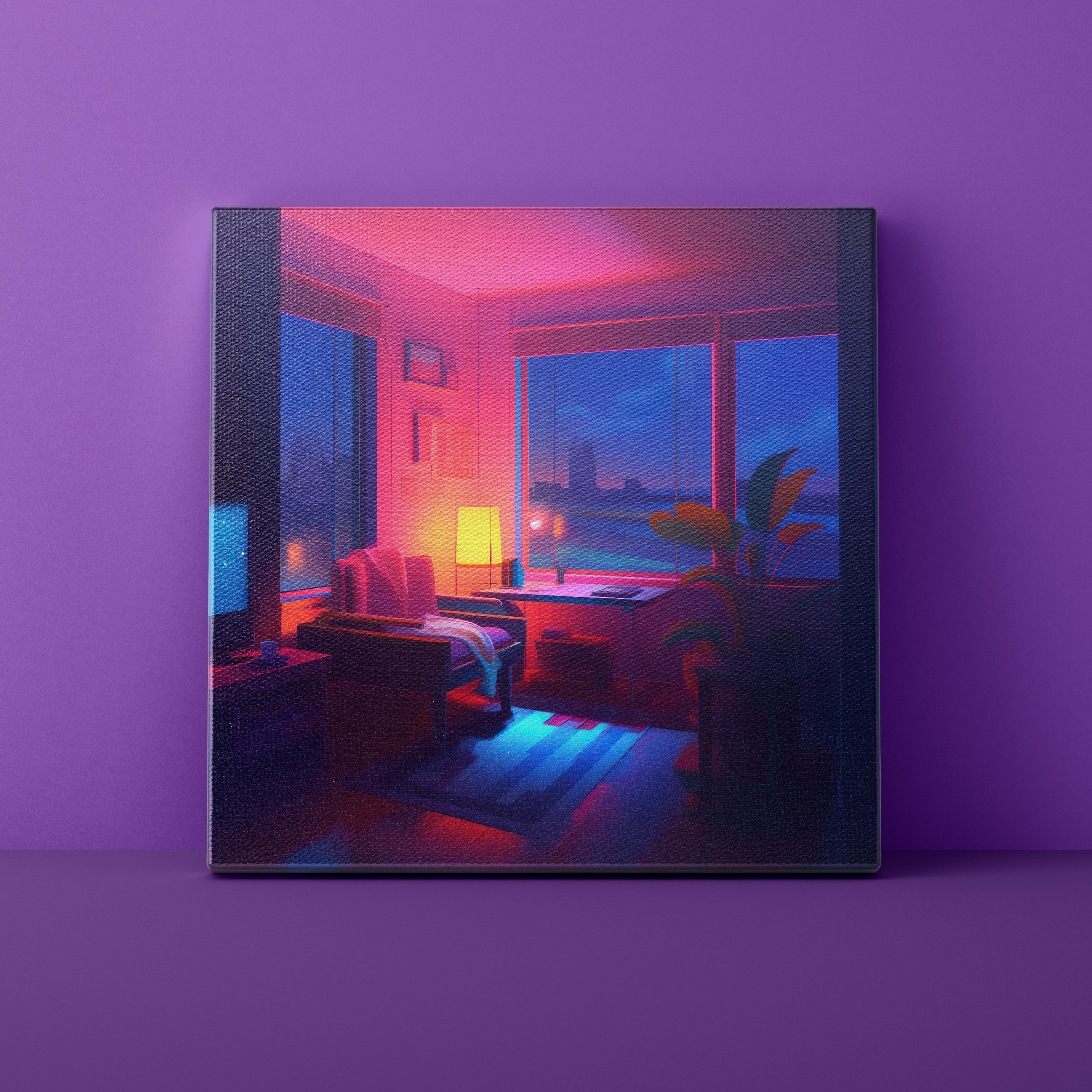 Futuristic interior design with neon lights on a purple wall