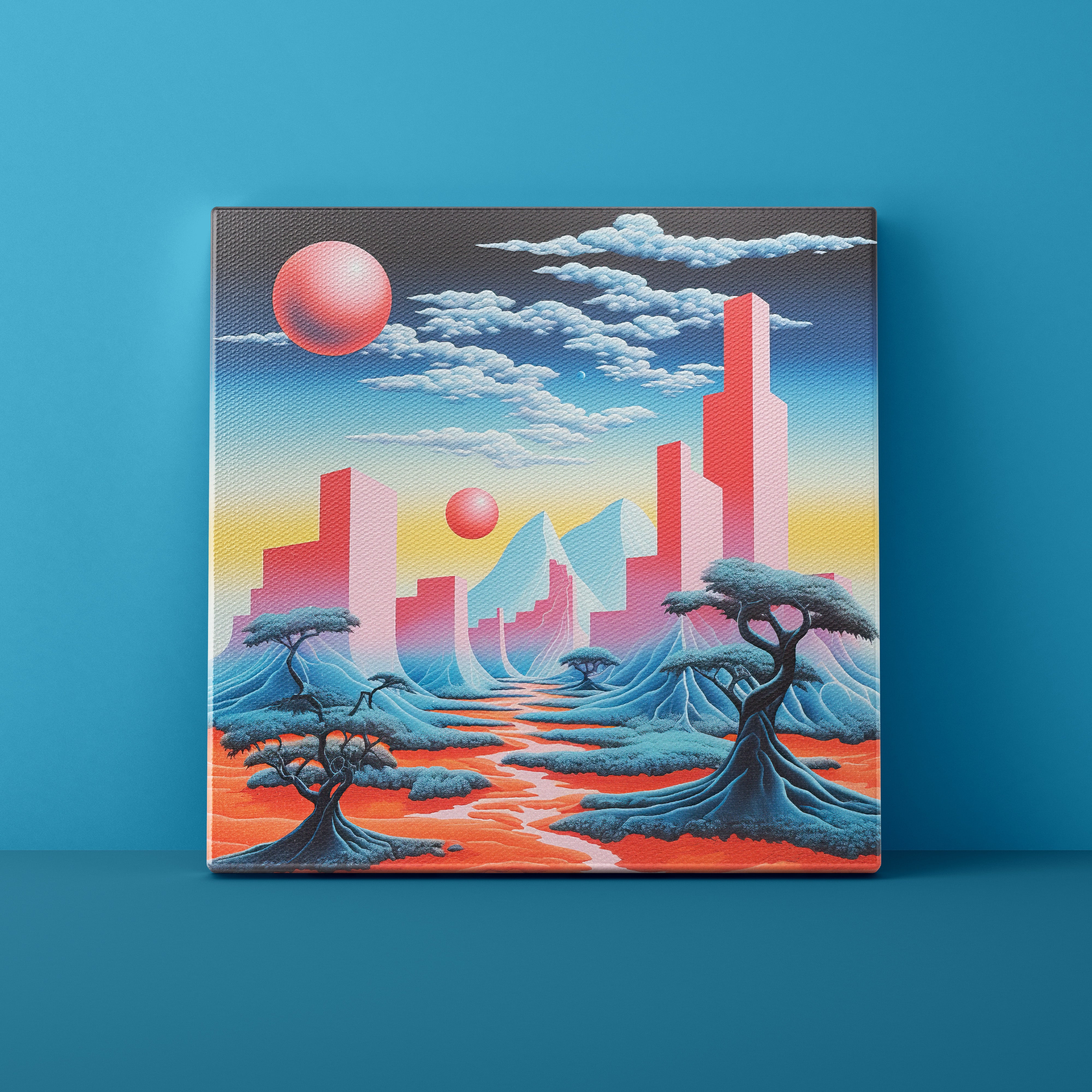 Canvas print of a futuristic landscape with trees and buildings on a blue background