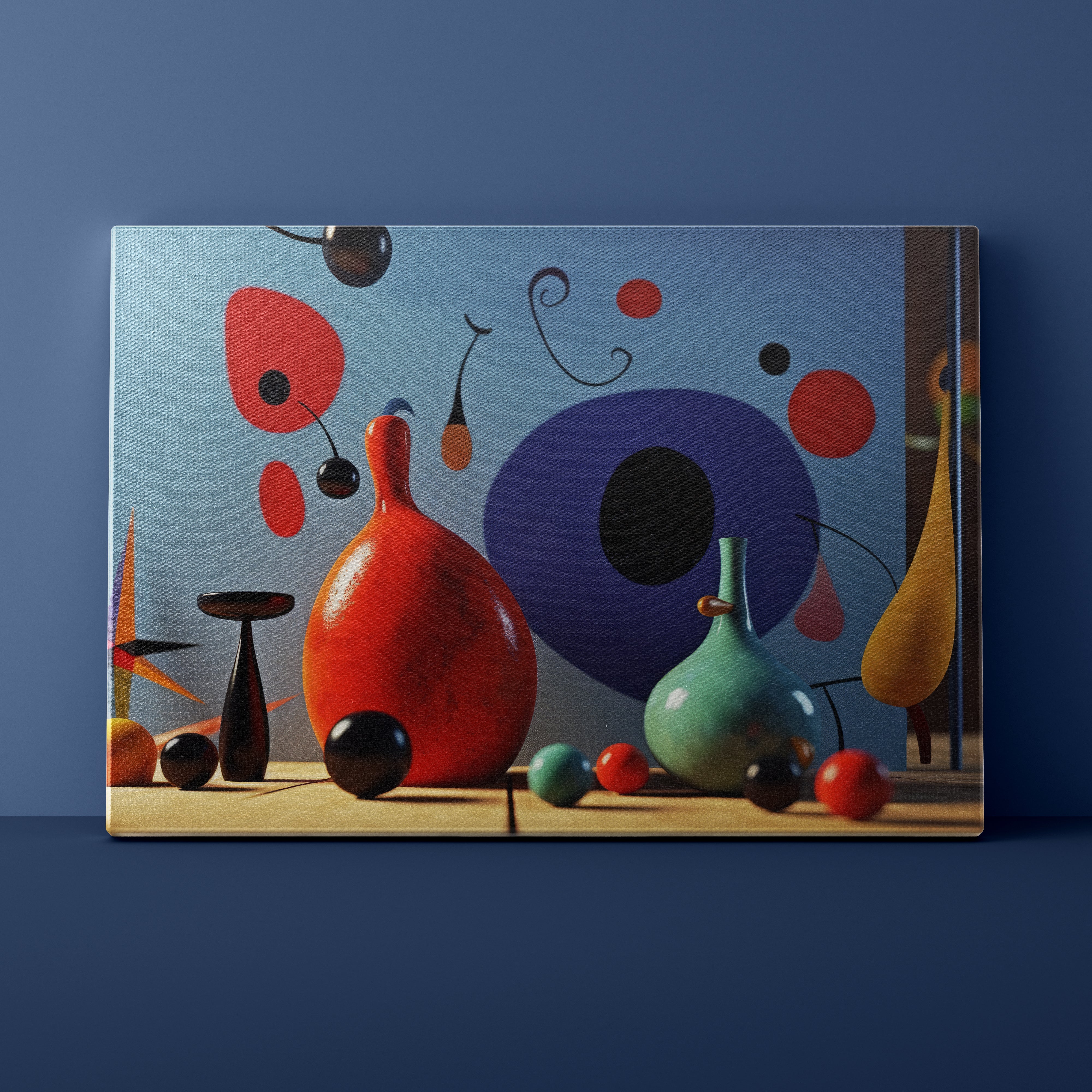 Colorful abstract art print with geometric shapes on a blue background