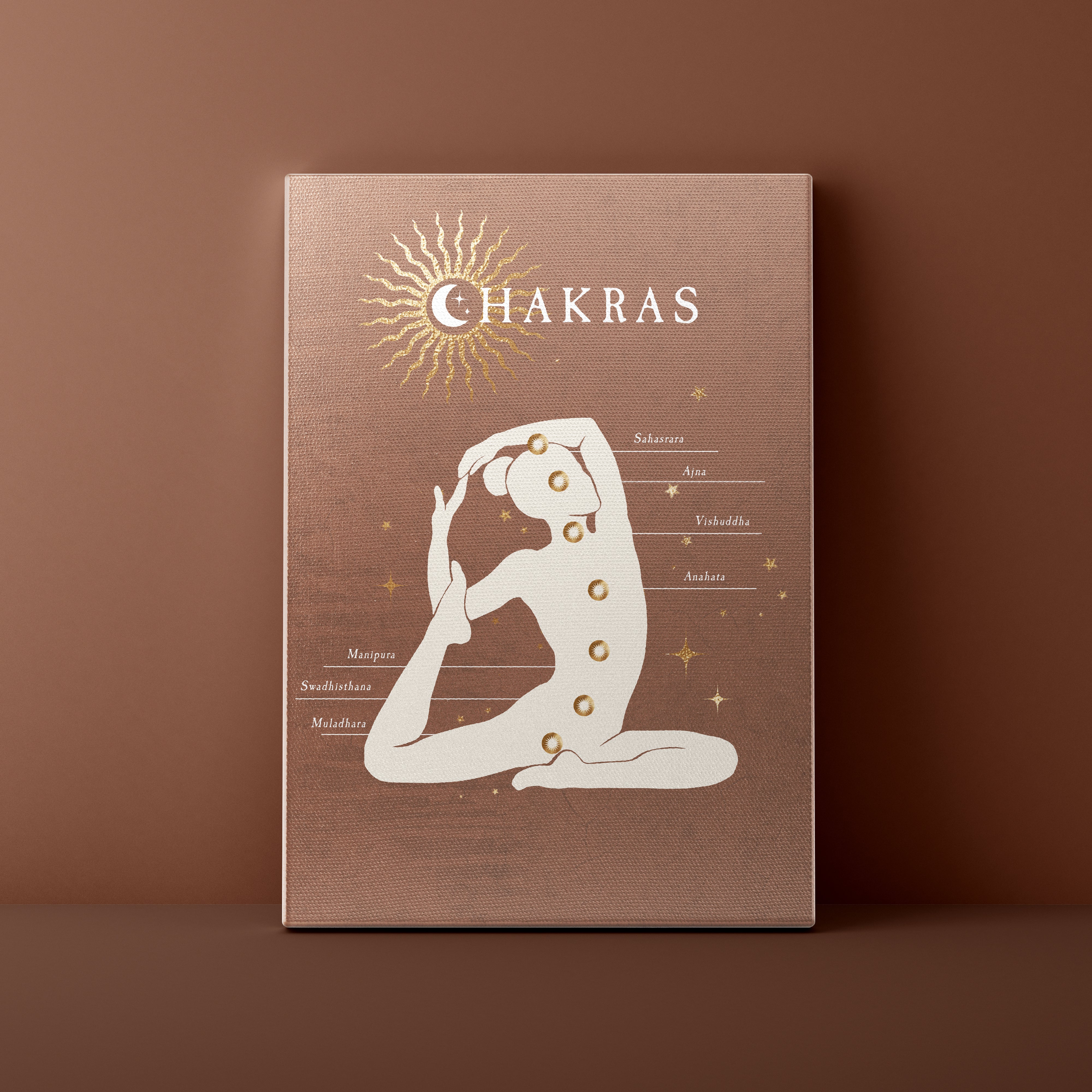 Book titled 'Chakras' with a silhouette of a person and chakra diagram on a brown background