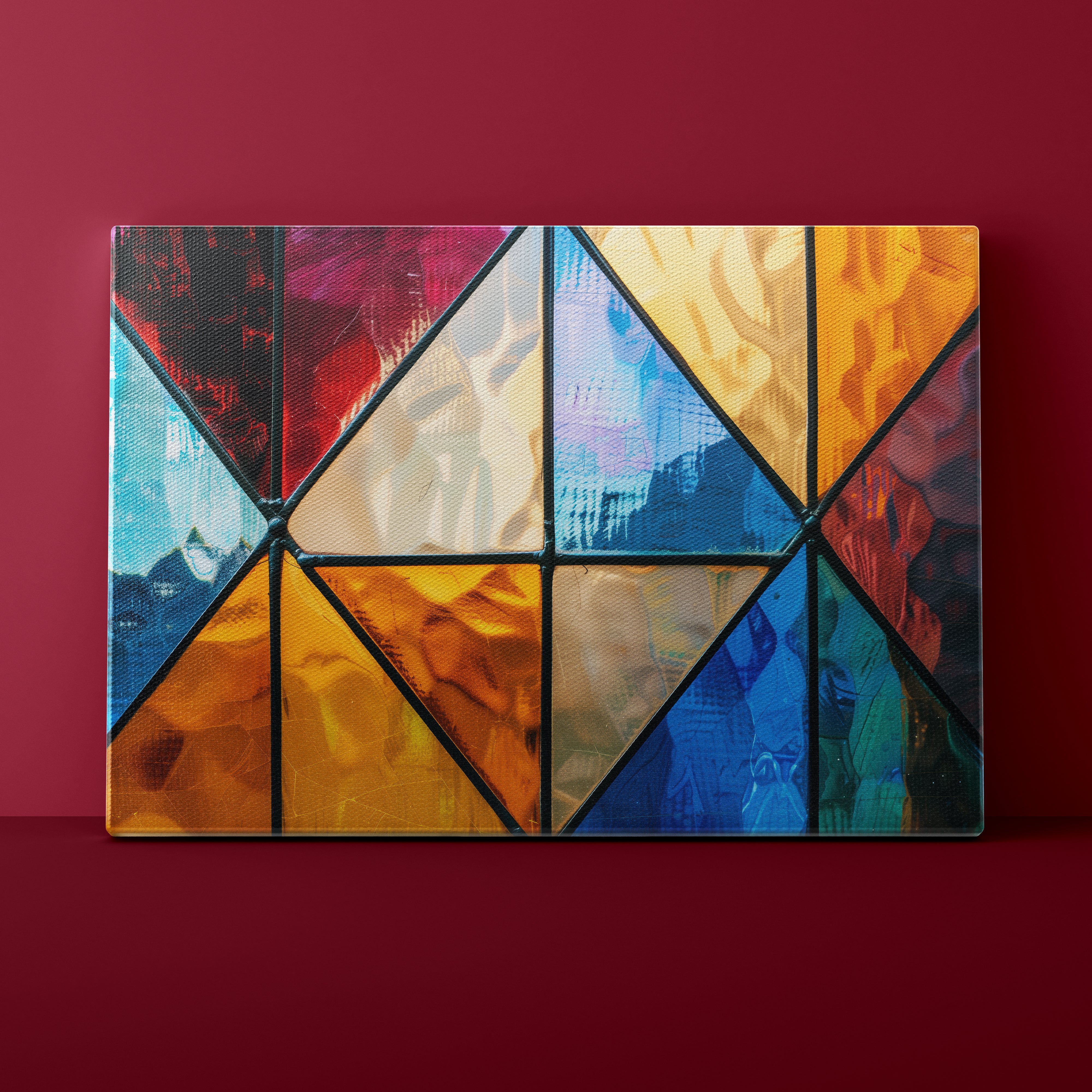 Colorful geometric abstract painting on a red background