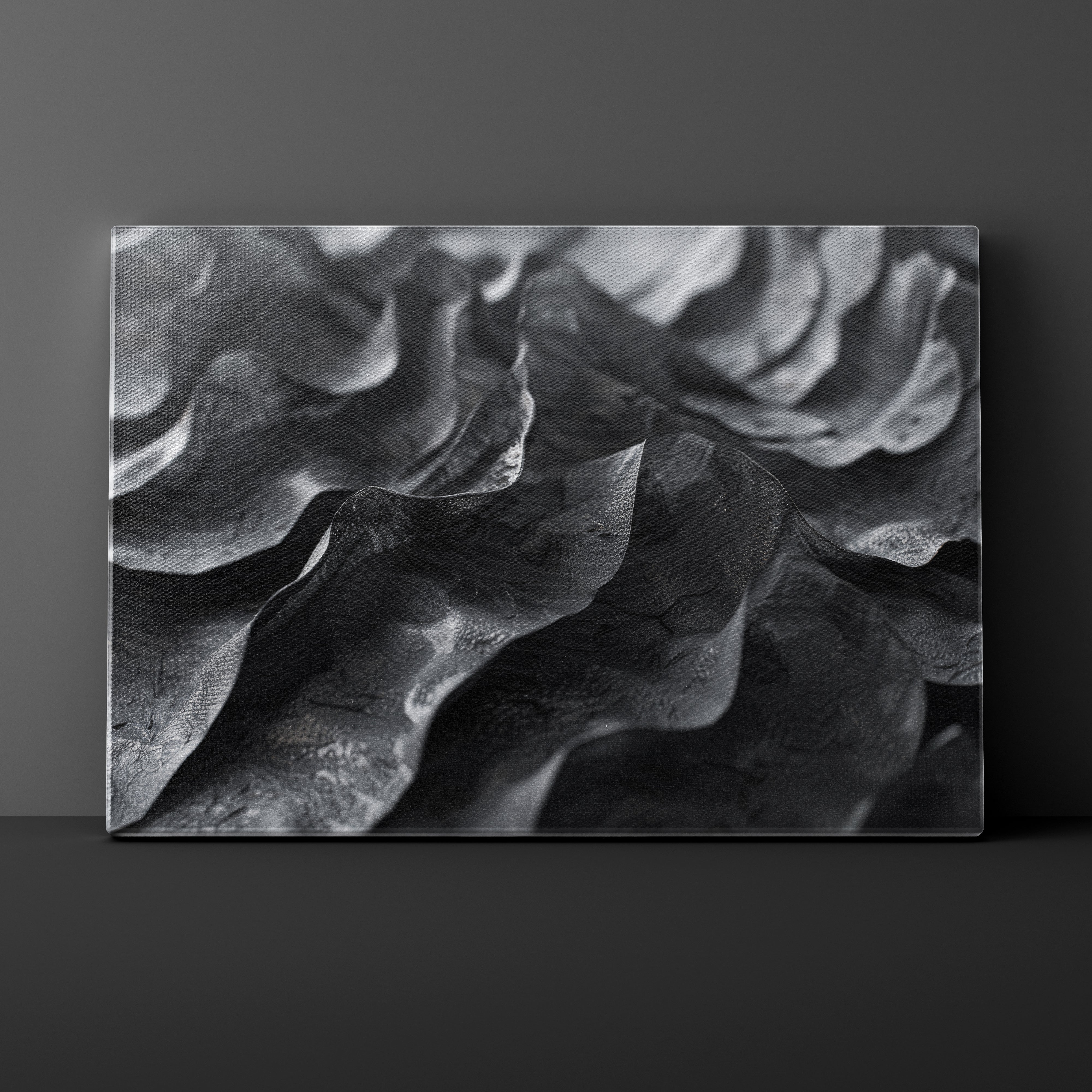 Abstract black and white artwork on a dark gray background
